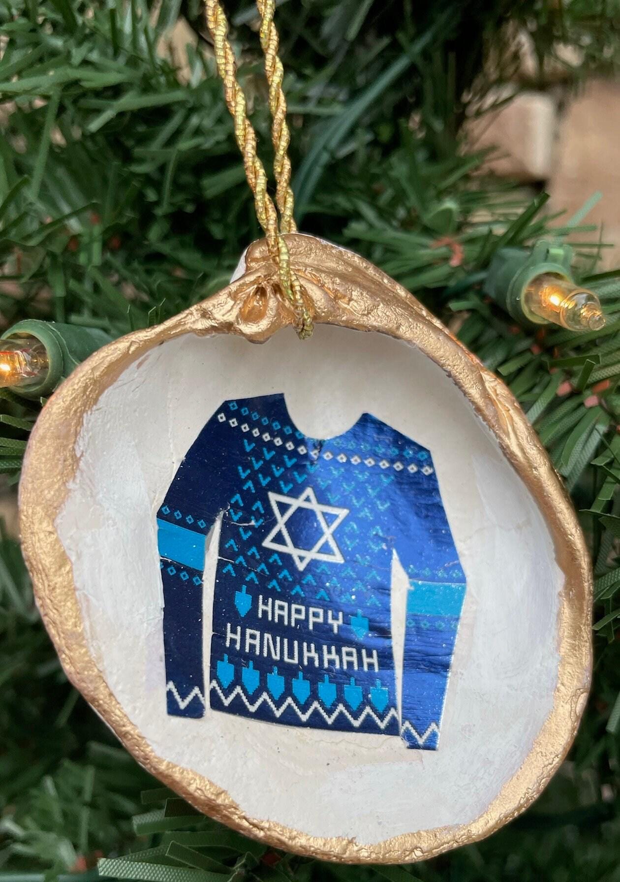 Happy Hanukkah Sweater Sea Shell Ornament | Handmade Decoupage Holiday Decor | Blue Star Of David Gift | 3x2" Ornament in Blue and White