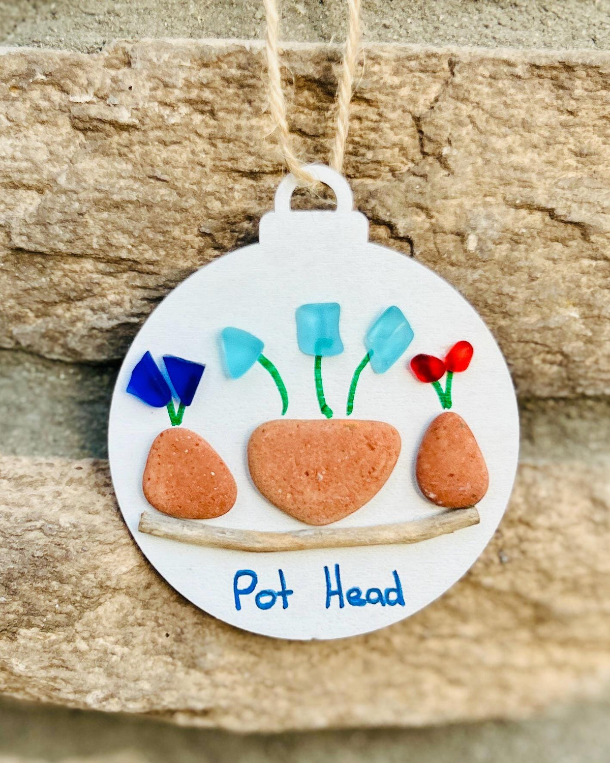 Pot Head Ornament | Funny Sea Glass And Pebble Art | Handmade Gift For Plant Lovers And Gardeners