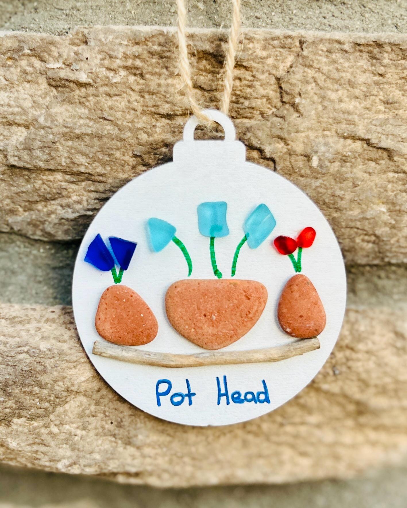 Pot Head Ornament | Funny Sea Glass And Pebble Art | Handmade Gift For Plant Lovers And Gardeners
