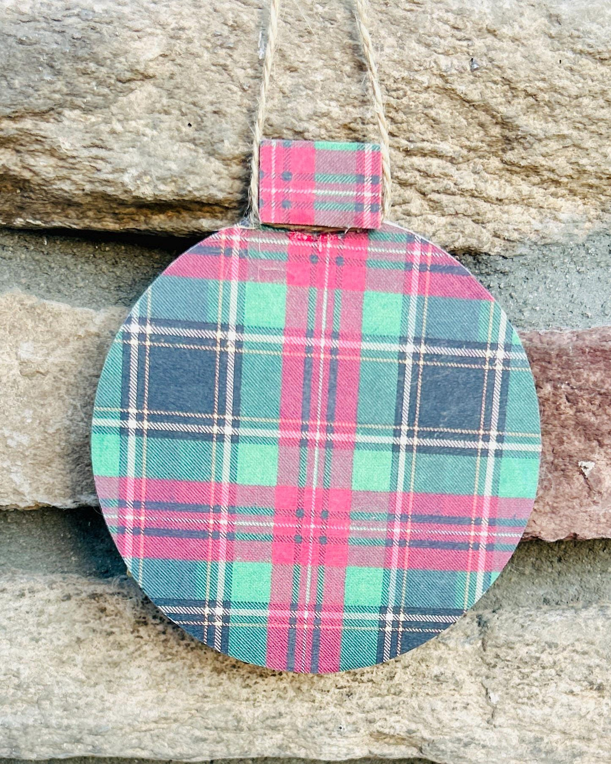 Sheep Christmas Ornament with Tartan Background Made From Scottish Wool and Beach Pebbles, Perfect Holiday Gift / Stocking Stuffer