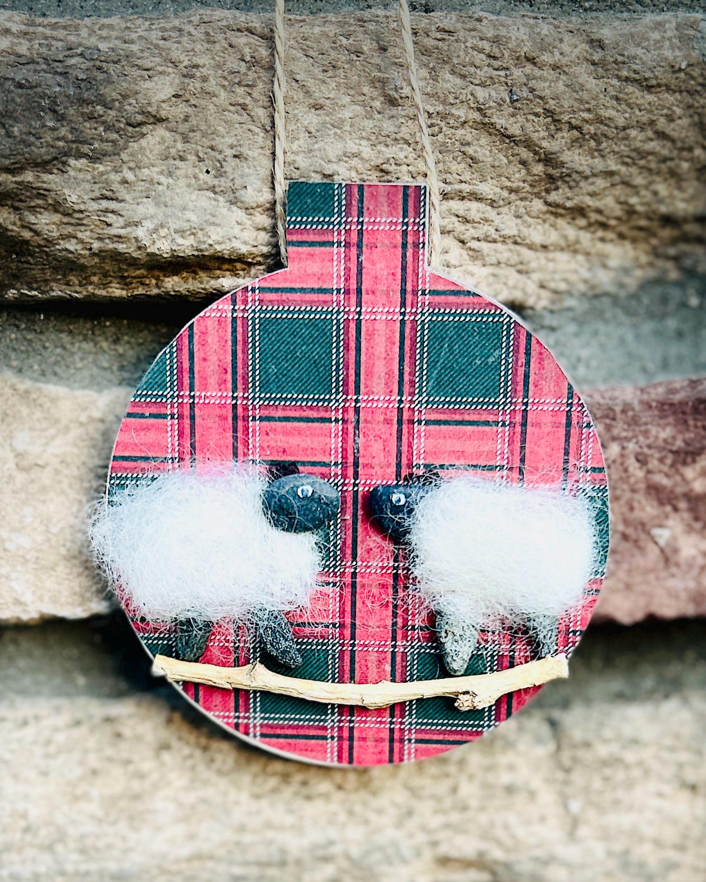 Sheep Christmas Ornament with Tartan Background Made From Scottish Wool and Beach Pebbles, Perfect Holiday Gift / Stocking Stuffer