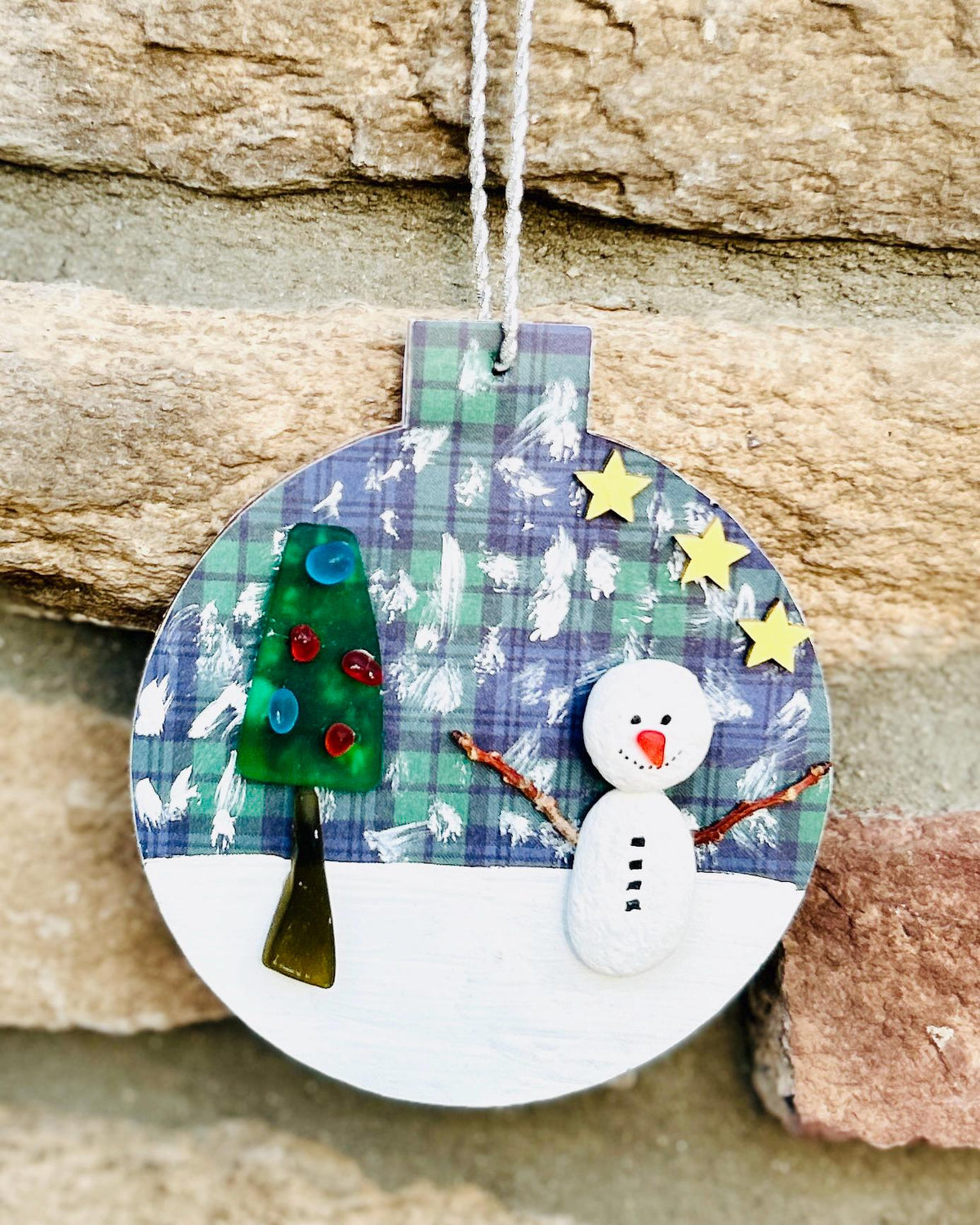 Snowman & Christmas Tree Ornament | Handmade Pebble Art Holiday Decor | Tartan Winter Scene Ornament | Great Stocking Stuffer and Xmas Gift