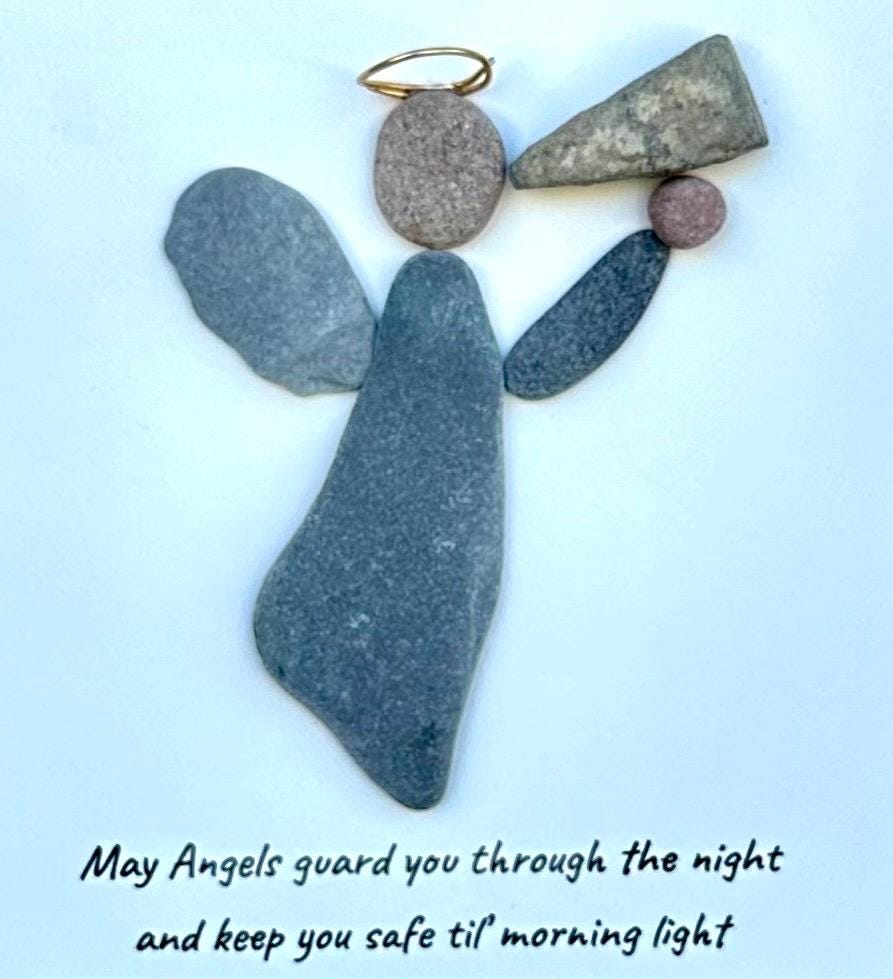 Angel Guardian Pebble Art, 9x9 Framed Handmade Wall Decor