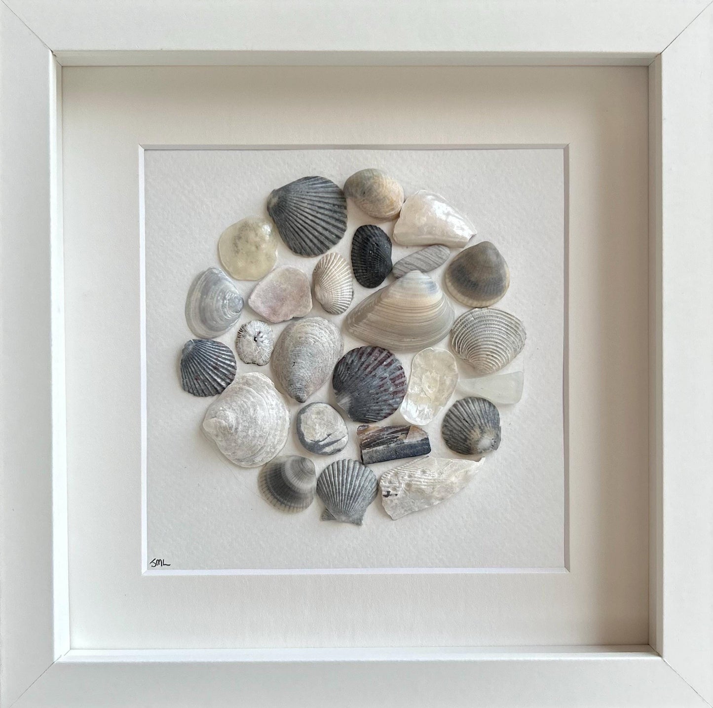 Sea Shell Collage Art | Framed Coastal Pebble Mosaic (9x9)