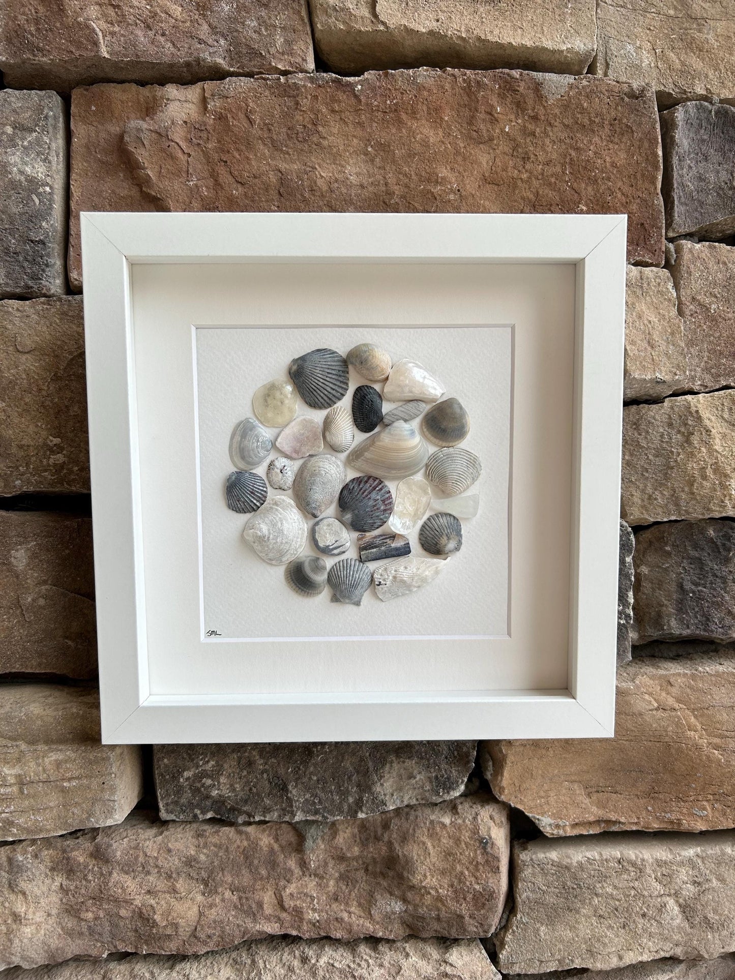 Sea Shell Collage Art | Framed Coastal Pebble Mosaic (9x9)