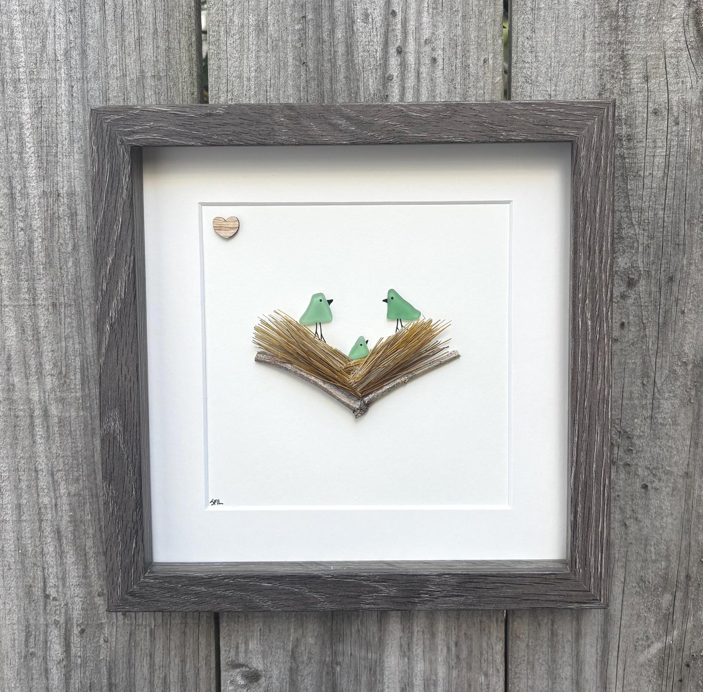 Sea Glass Bird Family in Nest, Handmade Framed Artwork (8x8)