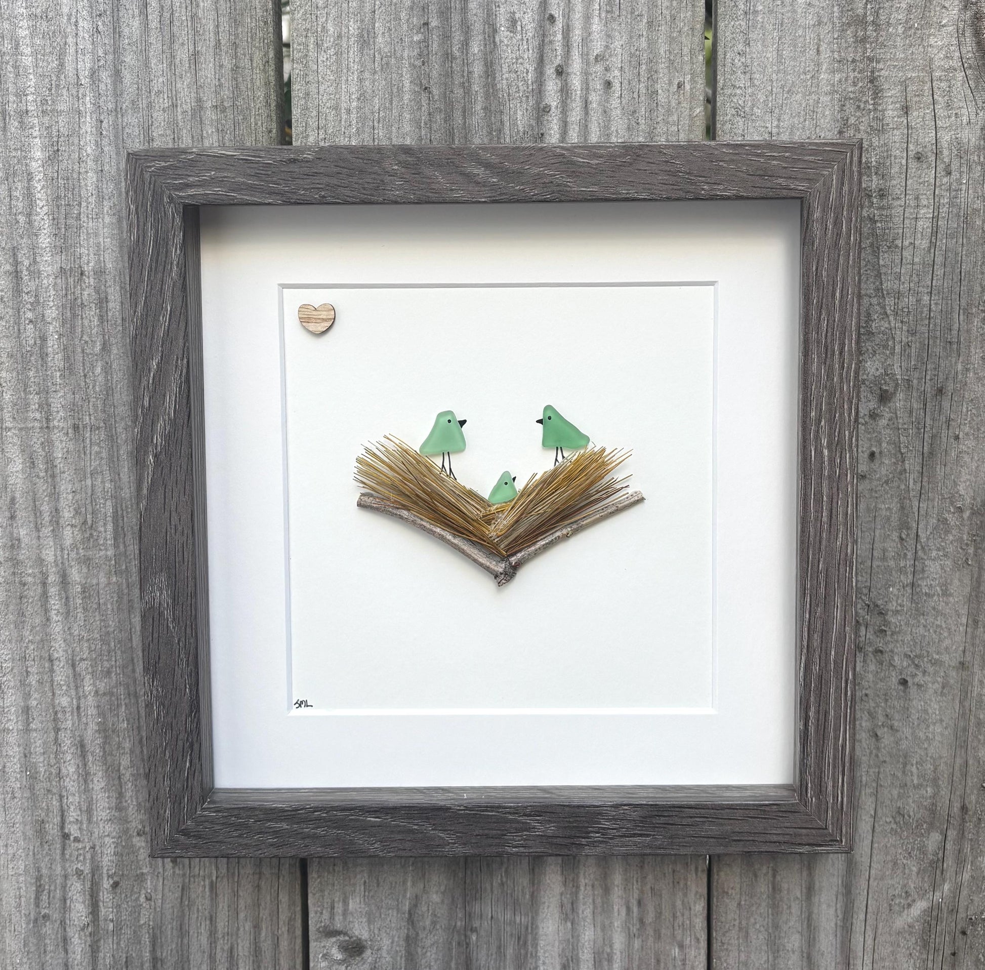 Sea Glass Bird Family in Nest, Handmade Framed Artwork (8x8)