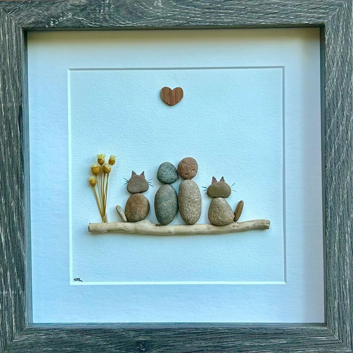 Couple with Two Cats Pebble Art, 9x9 Framed Picture, Personalized Pet Artwork, Perfect Gift for Cat Owners