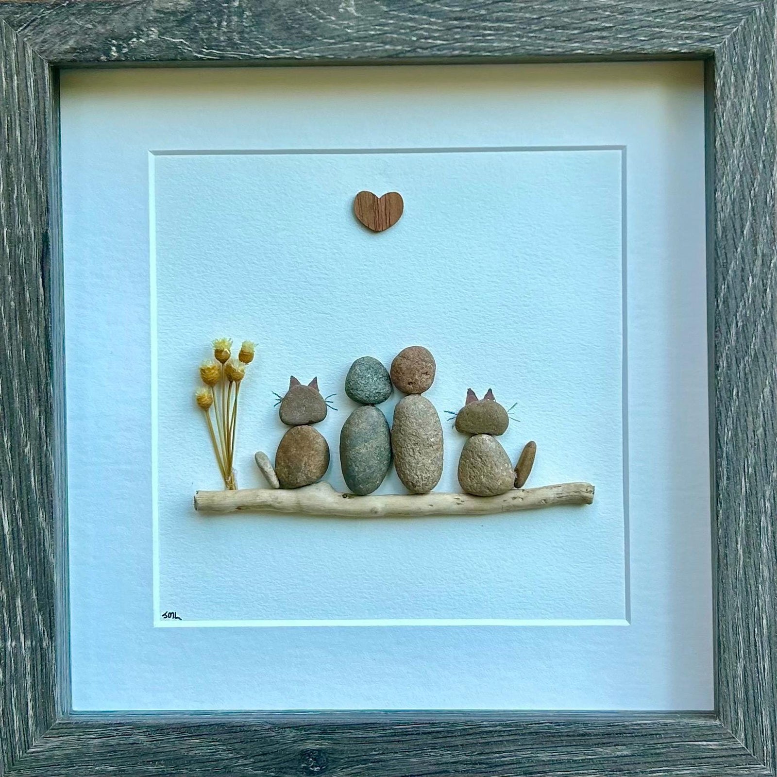 Couple with Two Cats Pebble Art, 9x9 Framed Picture, Personalized Pet Artwork, Perfect Gift for Cat Owners