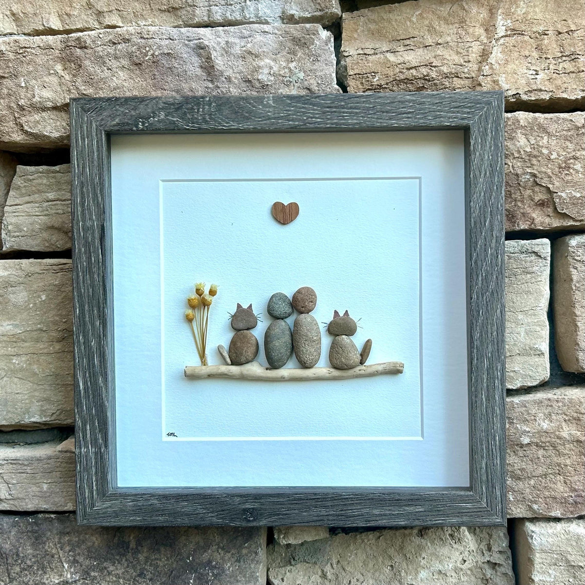 Couple with Two Cats Pebble Art, 9x9 Framed Picture, Personalized Pet Artwork, Perfect Gift for Cat Owners