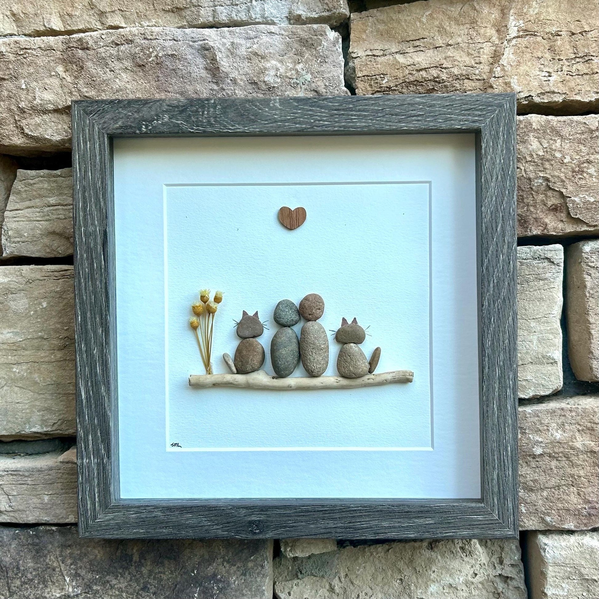 Pebble Art Family Portrait with Cats, Personalized Cat Lover Gift