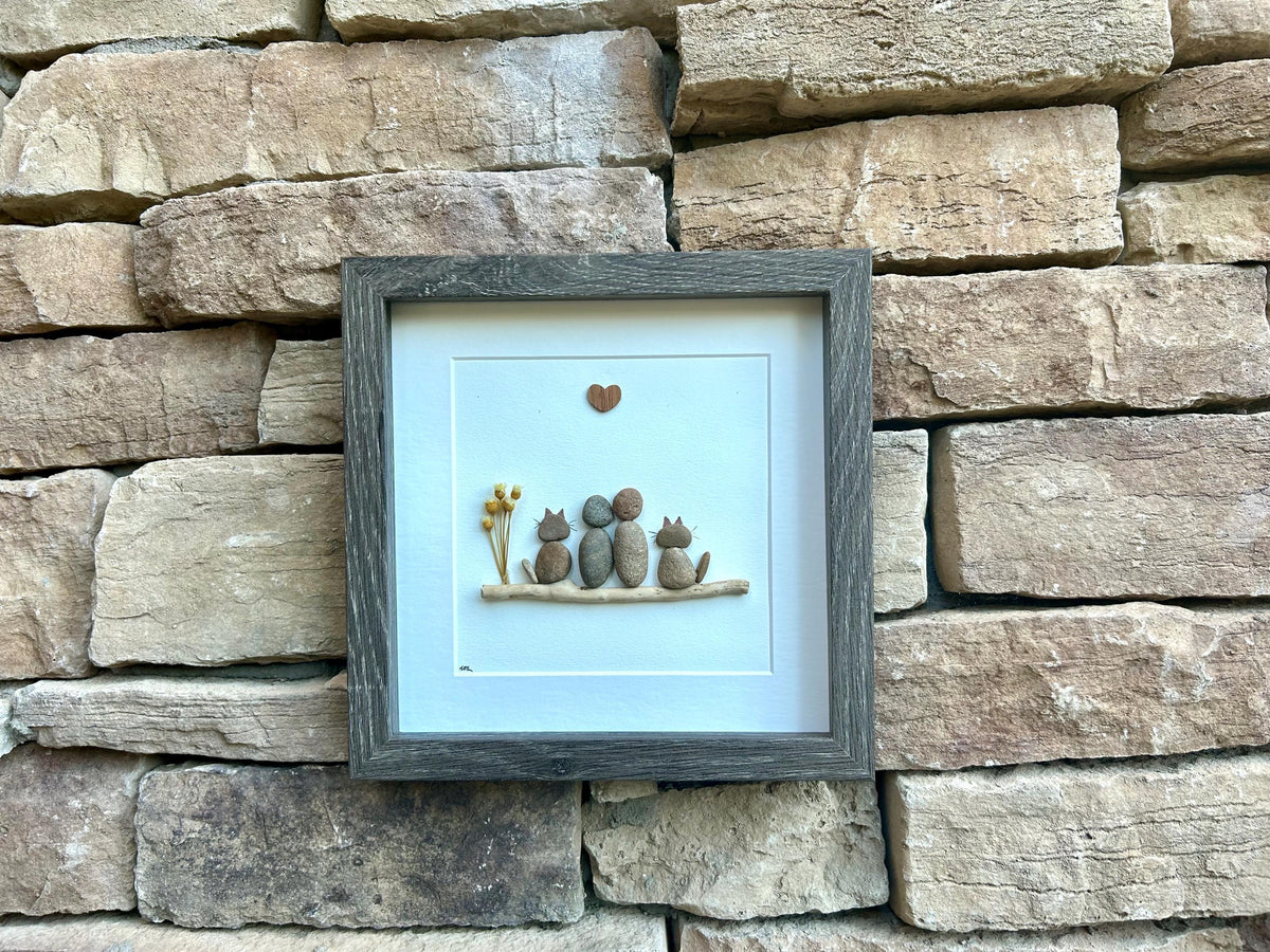 Couple with Two Cats Pebble Art, 9x9 Framed Picture, Personalized Pet Artwork, Perfect Gift for Cat Owners