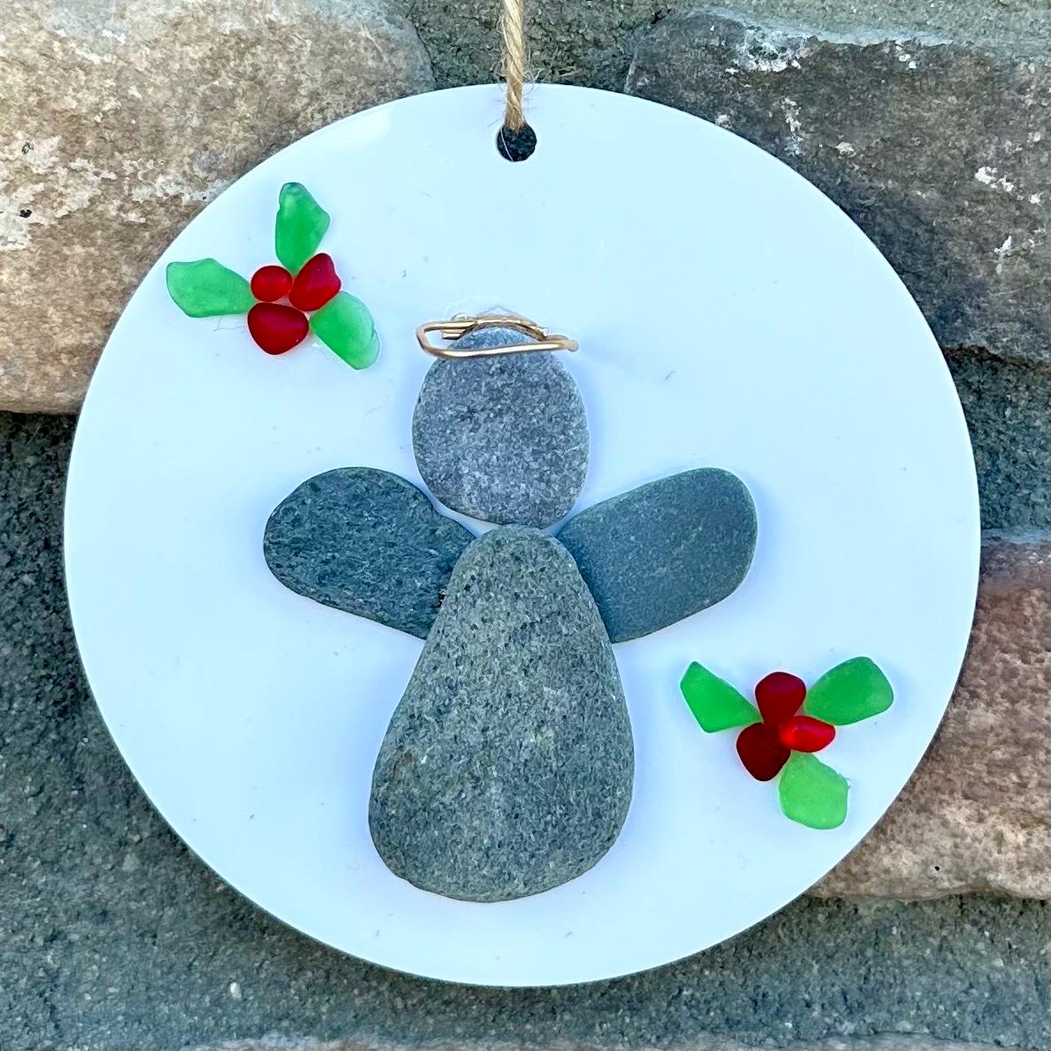 Angel Pebble and Sea Glass Art Ornament, 3” Holiday Gift, Stocking Stuffer
