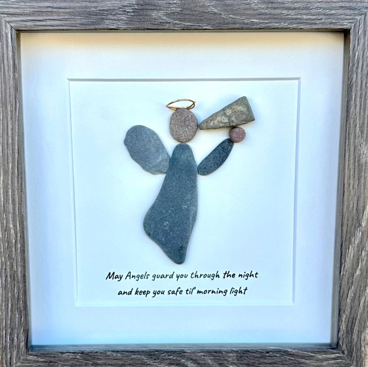 Angel Guardian Pebble Art, 9x9 Framed Handmade Wall Decor