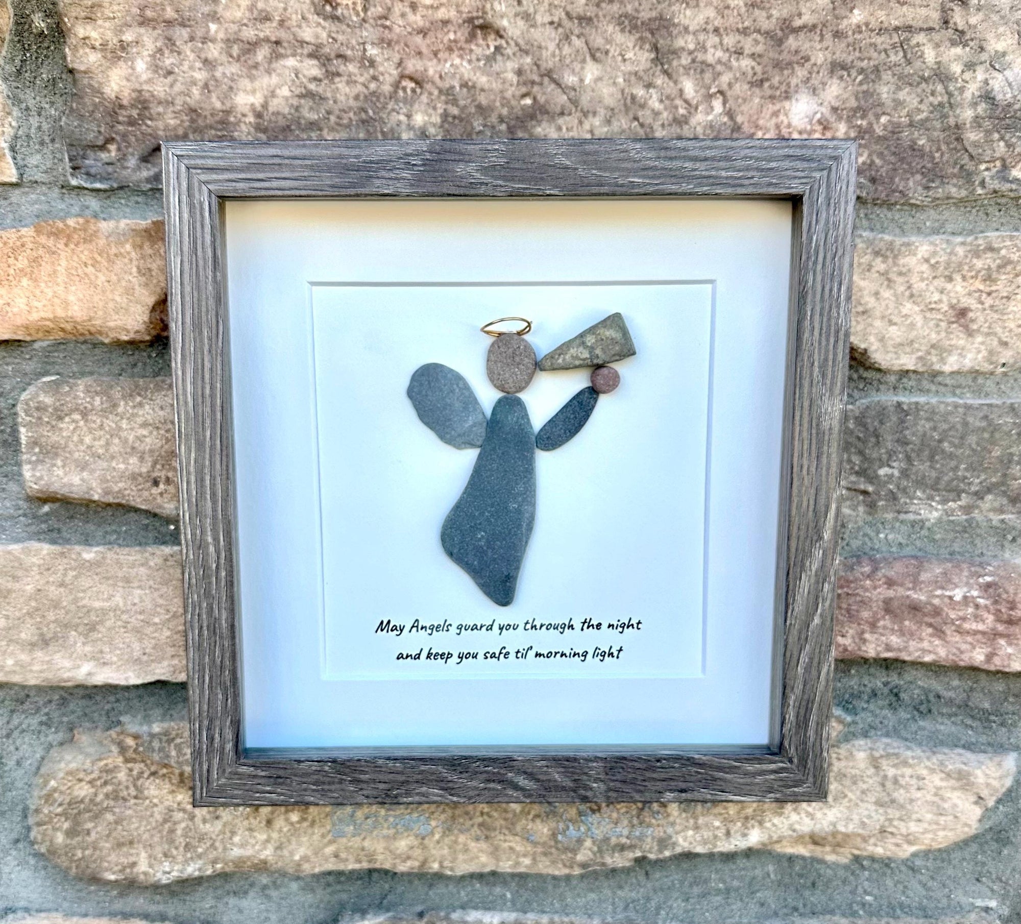 Angel Guardian Pebble Art, 9x9 Framed Handmade Wall Decor
