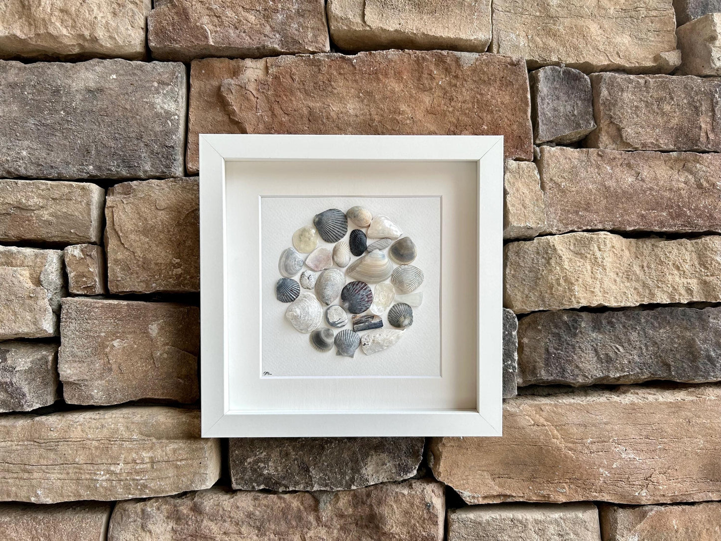Sea Shell Collage Art | Framed Coastal Pebble Mosaic (9x9)