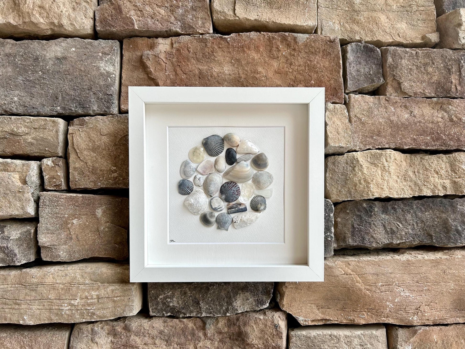 Sea Shell Collage Art | Framed Coastal Pebble Mosaic (9x9)