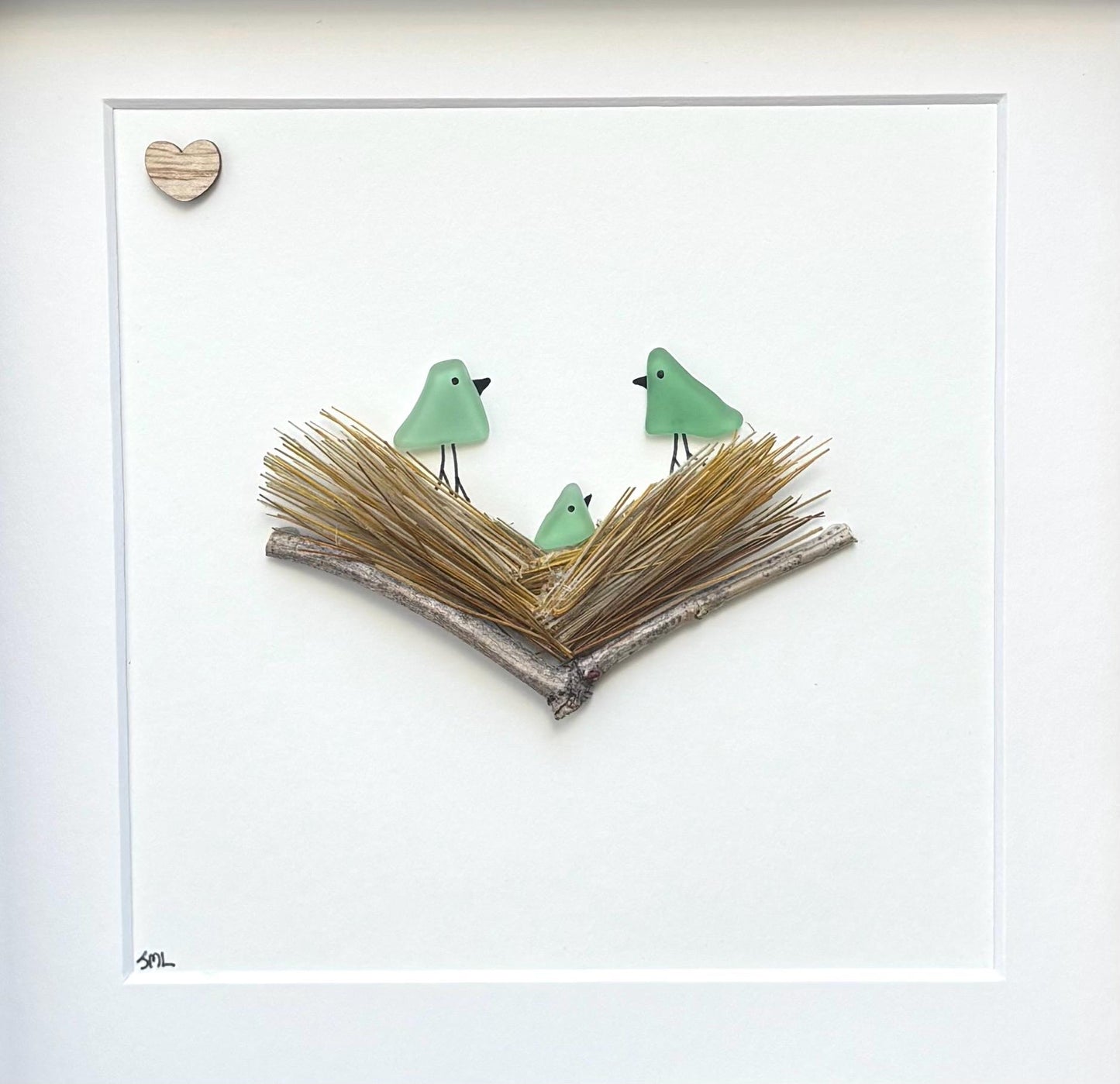 Sea Glass Bird Family in Nest, Handmade Framed Artwork (8x8)