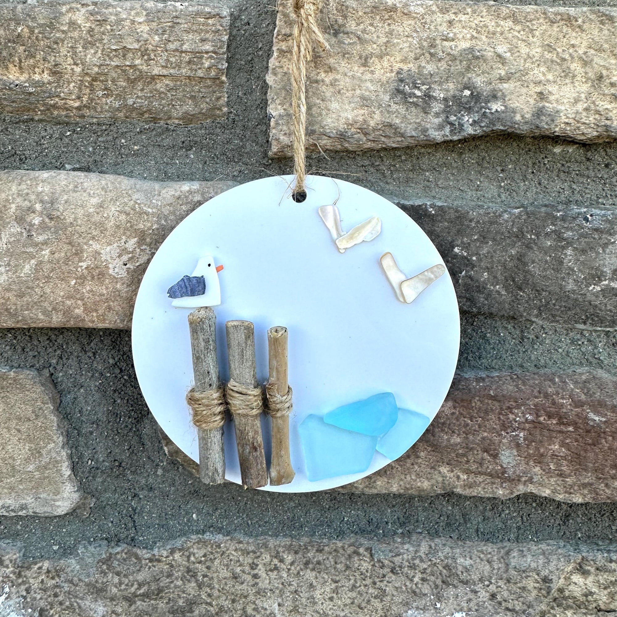 Seagulls at the shore handmade beach art holiday ornament