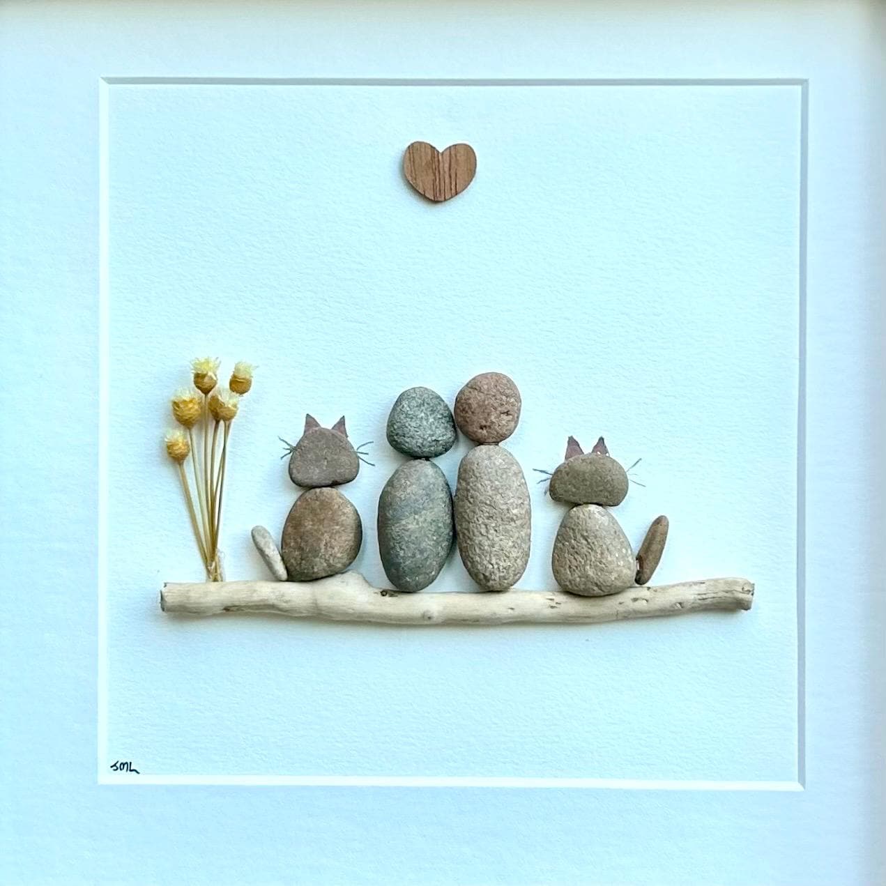 Pebble Art Family Portrait with Cats, Personalized Cat Lover Gift
