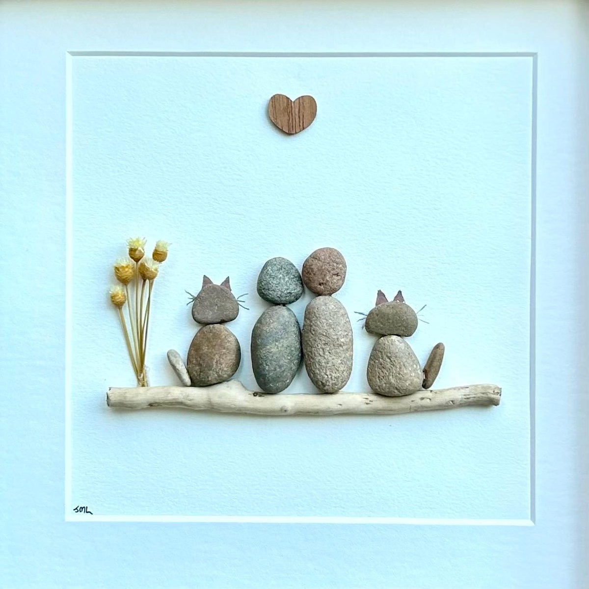 Couple with Two Cats Pebble Art, 9x9 Framed Picture, Personalized Pet Artwork, Perfect Gift for Cat Owners