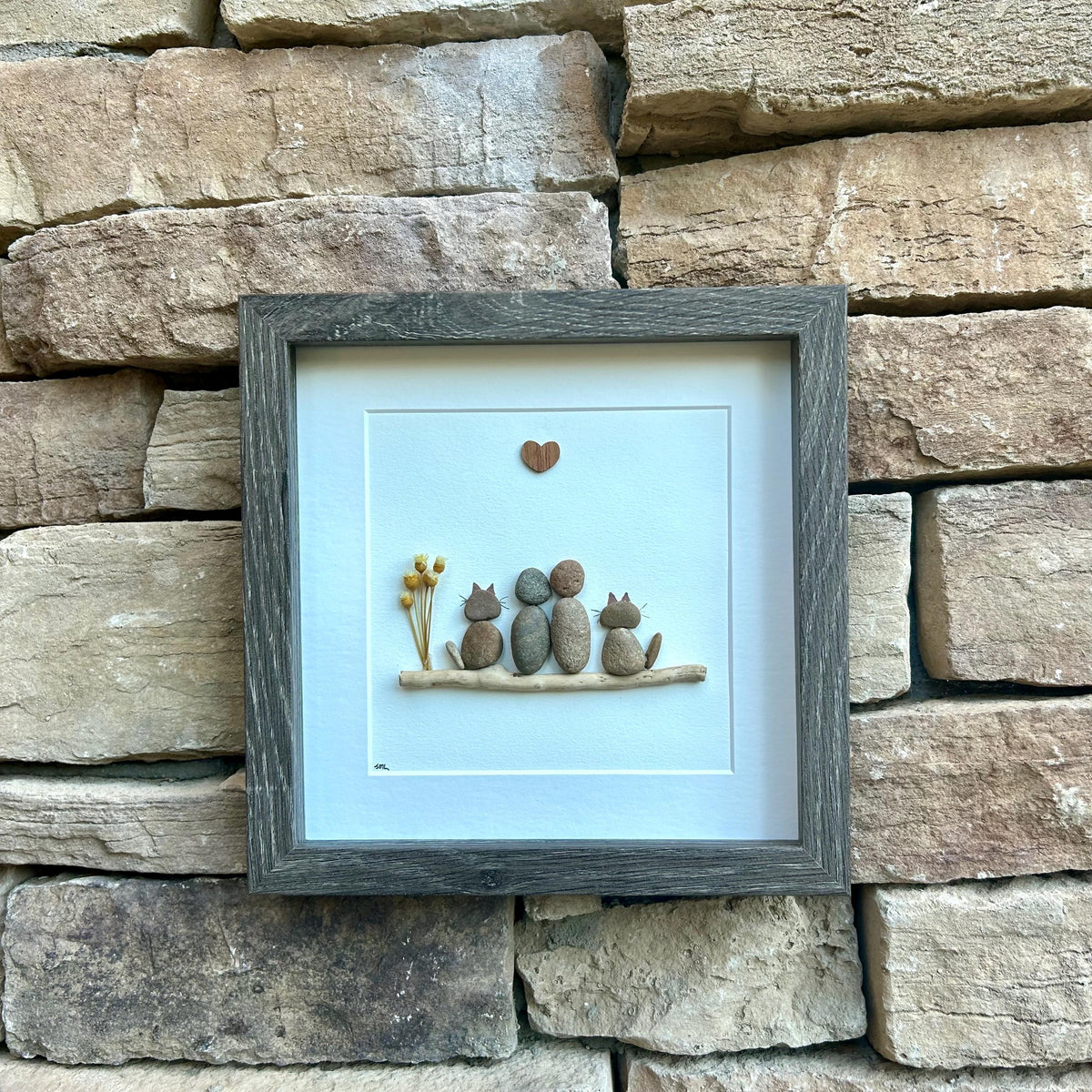 Couple with Two Cats Pebble Art, 9x9 Framed Picture, Personalized Pet Artwork, Perfect Gift for Cat Owners