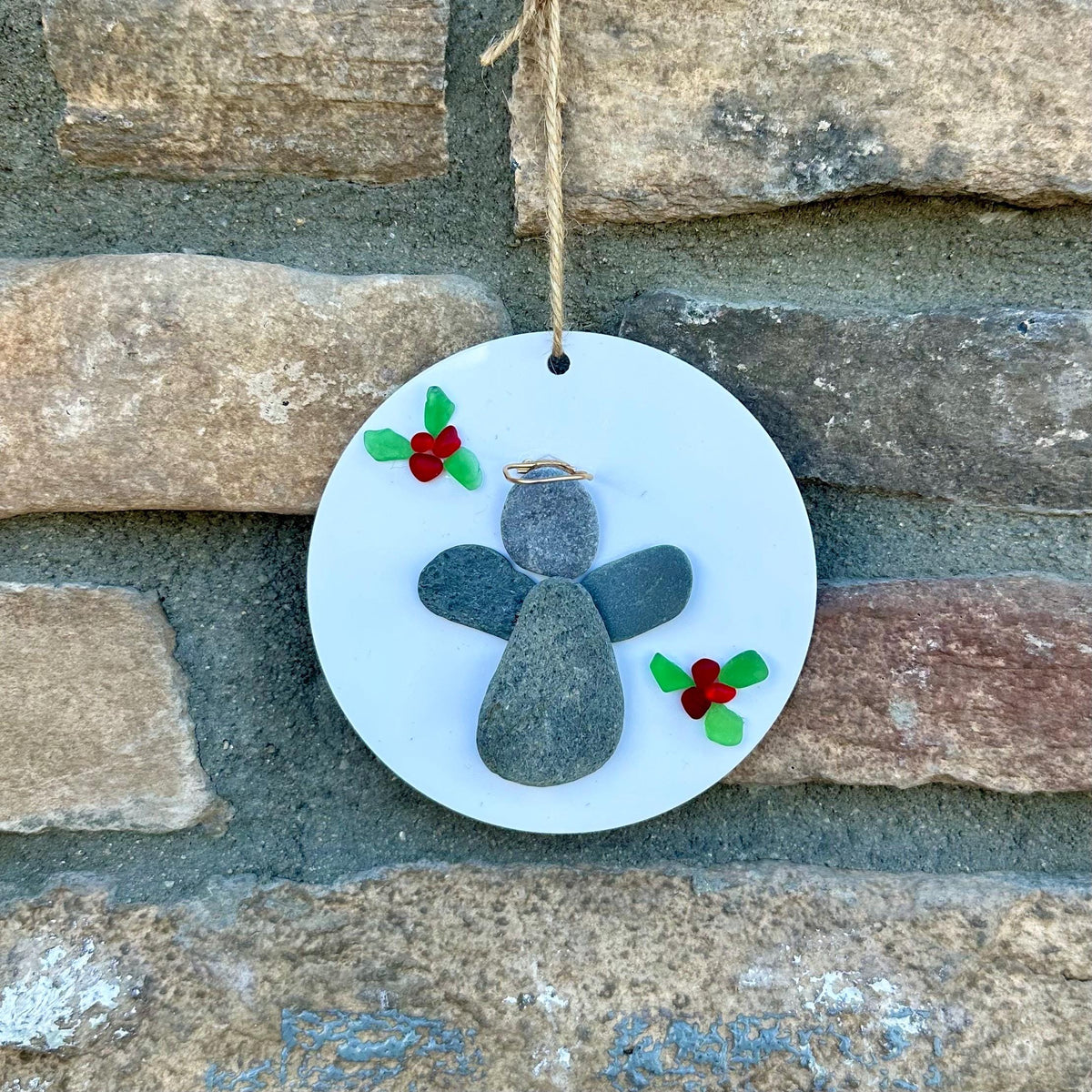 Angel Pebble and Sea Glass Art Ornament, 3” Holiday Gift, Stocking Stuffer