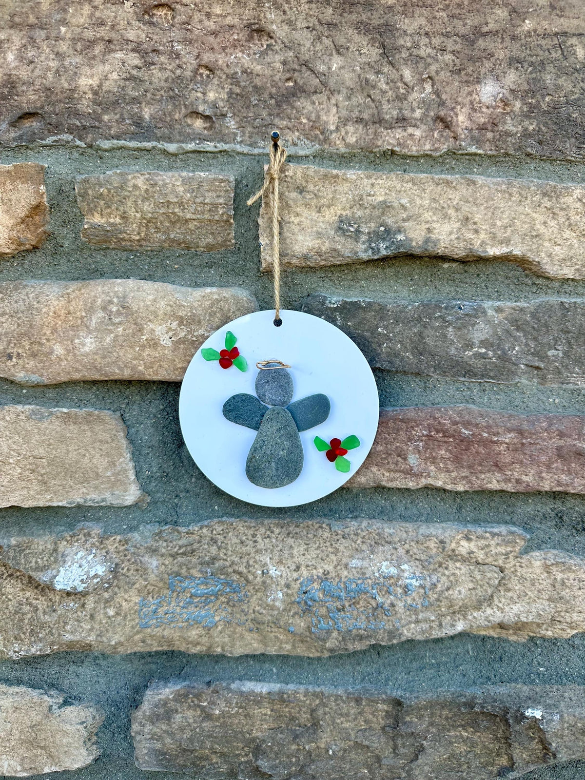 Angel Pebble and Sea Glass Art Ornament, 3” Holiday Gift, Stocking Stuffer