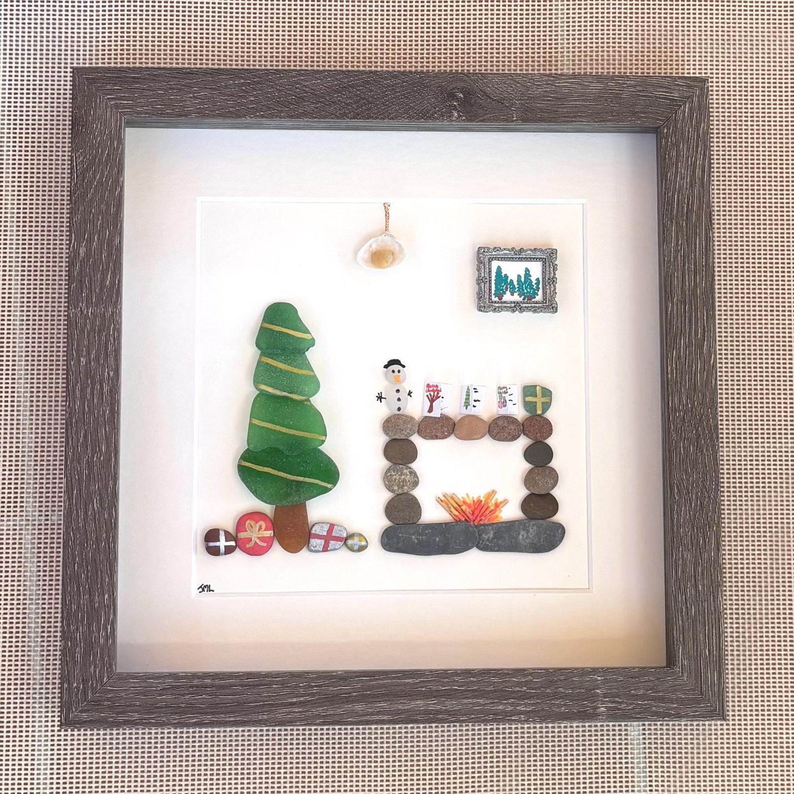 One of a kind Christmas Wall Art Made From Natural Materials incl. Scottish sea glass, beach pebbles, shells; 9x9 Framed Christmas Artwork