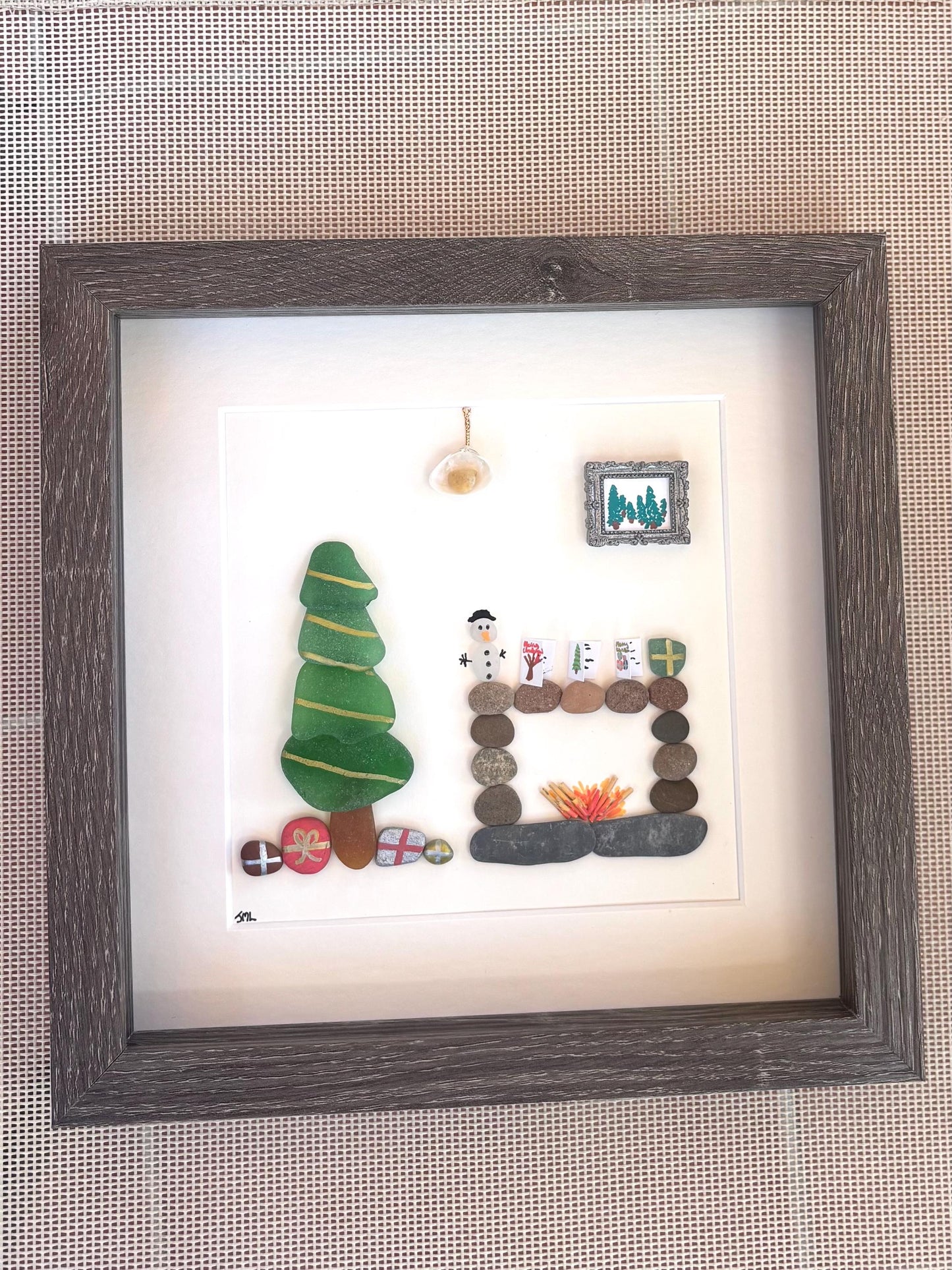 Scottish Sea Glass Christmas Tree Wall Art, Framed Pebble Fireplace Scene (9x9)