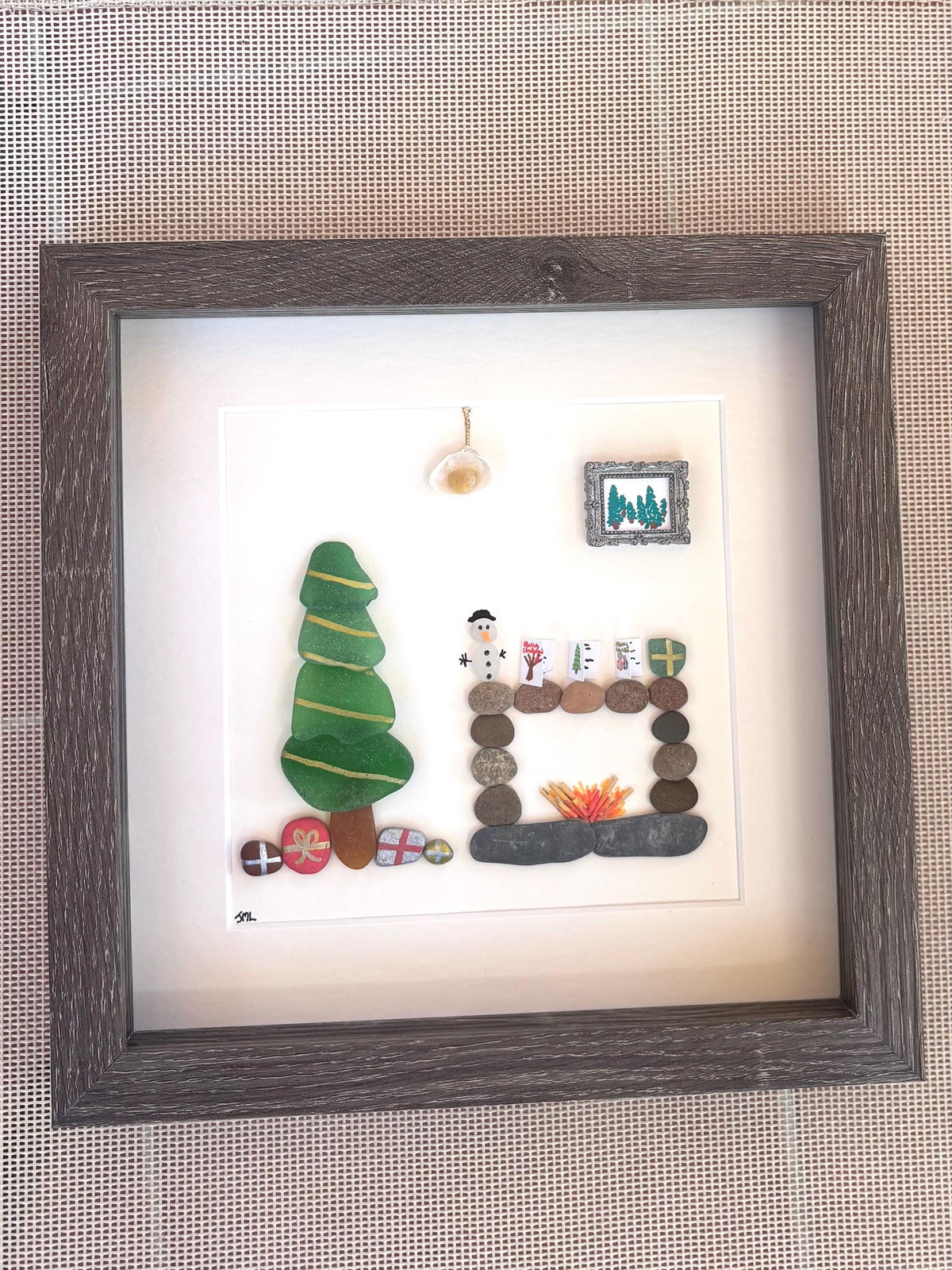 One of a kind Christmas Wall Art Made From Natural Materials incl. Scottish sea glass, beach pebbles, shells; 9x9 Framed Christmas Artwork