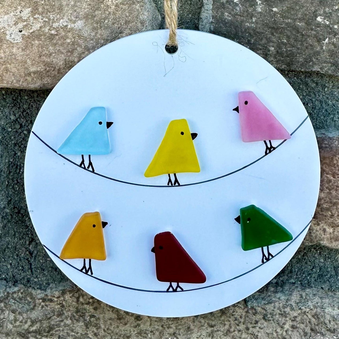 Sea Glass Multicolored Birds on Power Lines Holiday Ornament, 3” Round, Holiday Gift, Stocking Stuffer