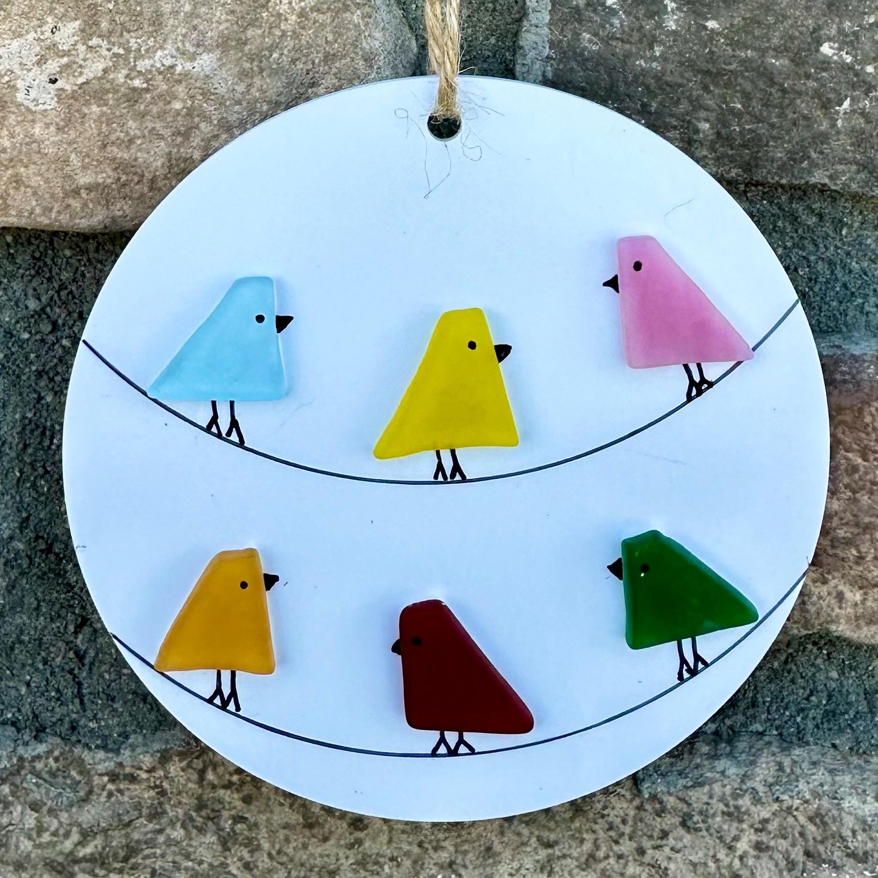 Sea Glass Multicolored Birds on Power Lines Holiday Ornament, 3” Round, Holiday Gift, Stocking Stuffer