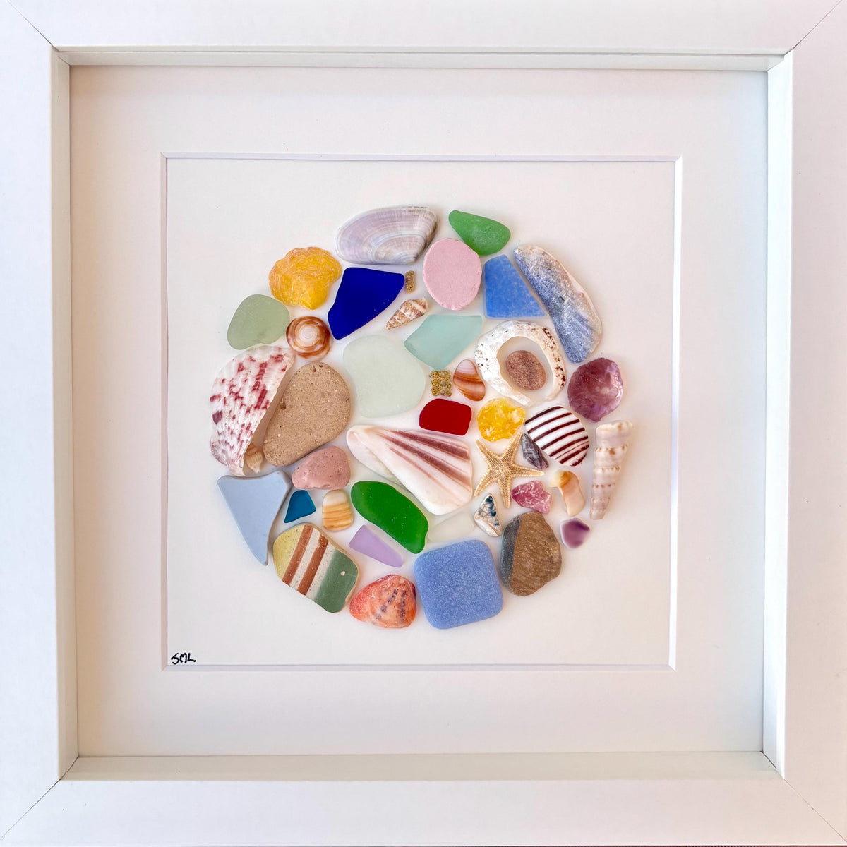 Beach Mosaic Circle Made of Sea Glass, Shells, Sea Pottery and Pebbles, 9x9 Framed Handmade Original Coastal Decor