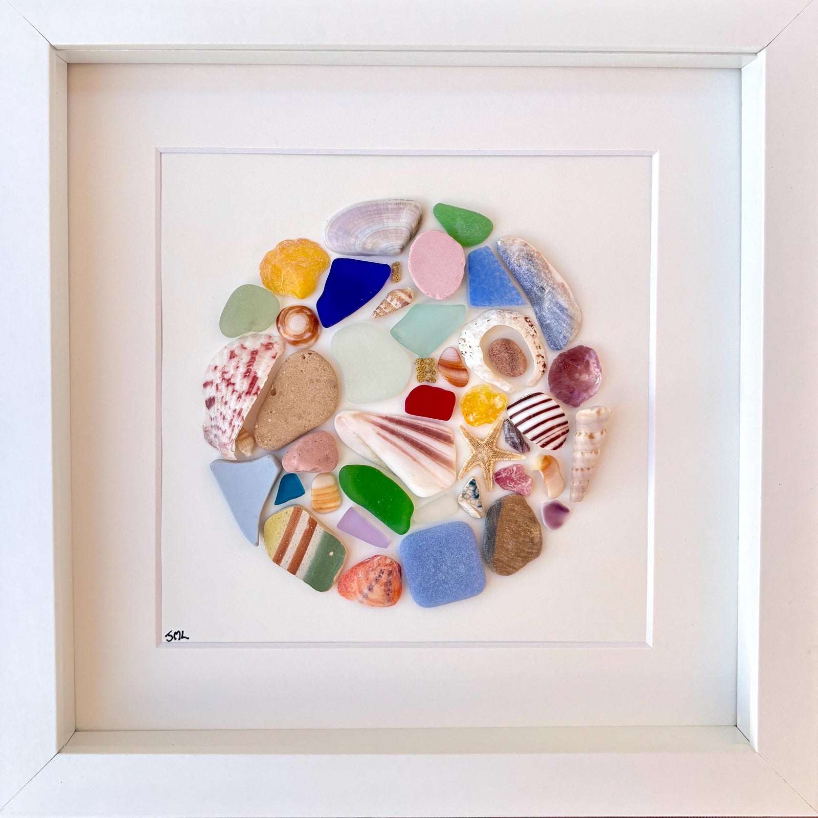 Beach Mosaic Circle Made of Sea Glass, Shells, Sea Pottery and Pebbles, 9x9 Framed Handmade Original Coastal Decor