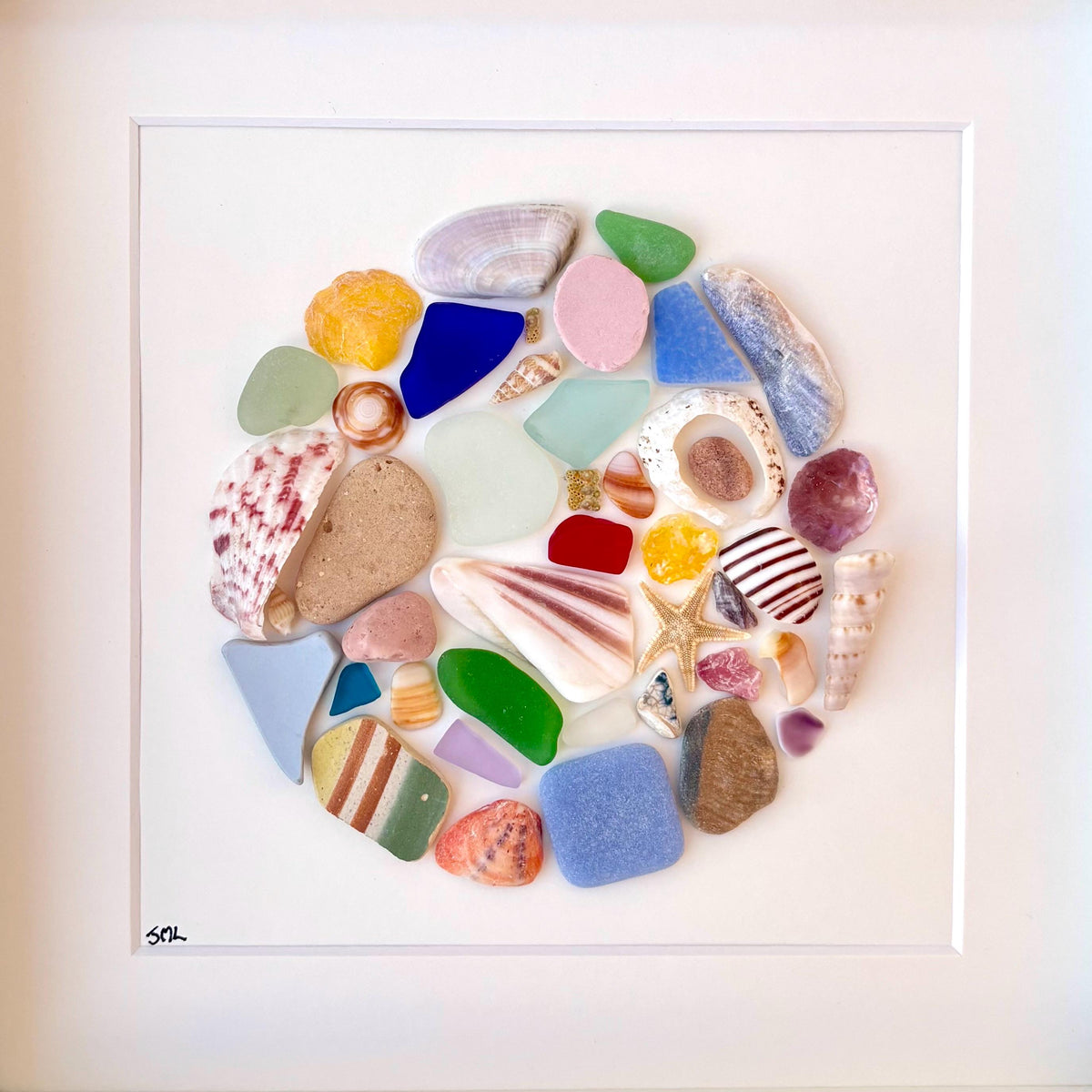 Beach Mosaic Circle Made of Sea Glass, Shells, Sea Pottery and Pebbles, 9x9 Framed Handmade Original Coastal Decor