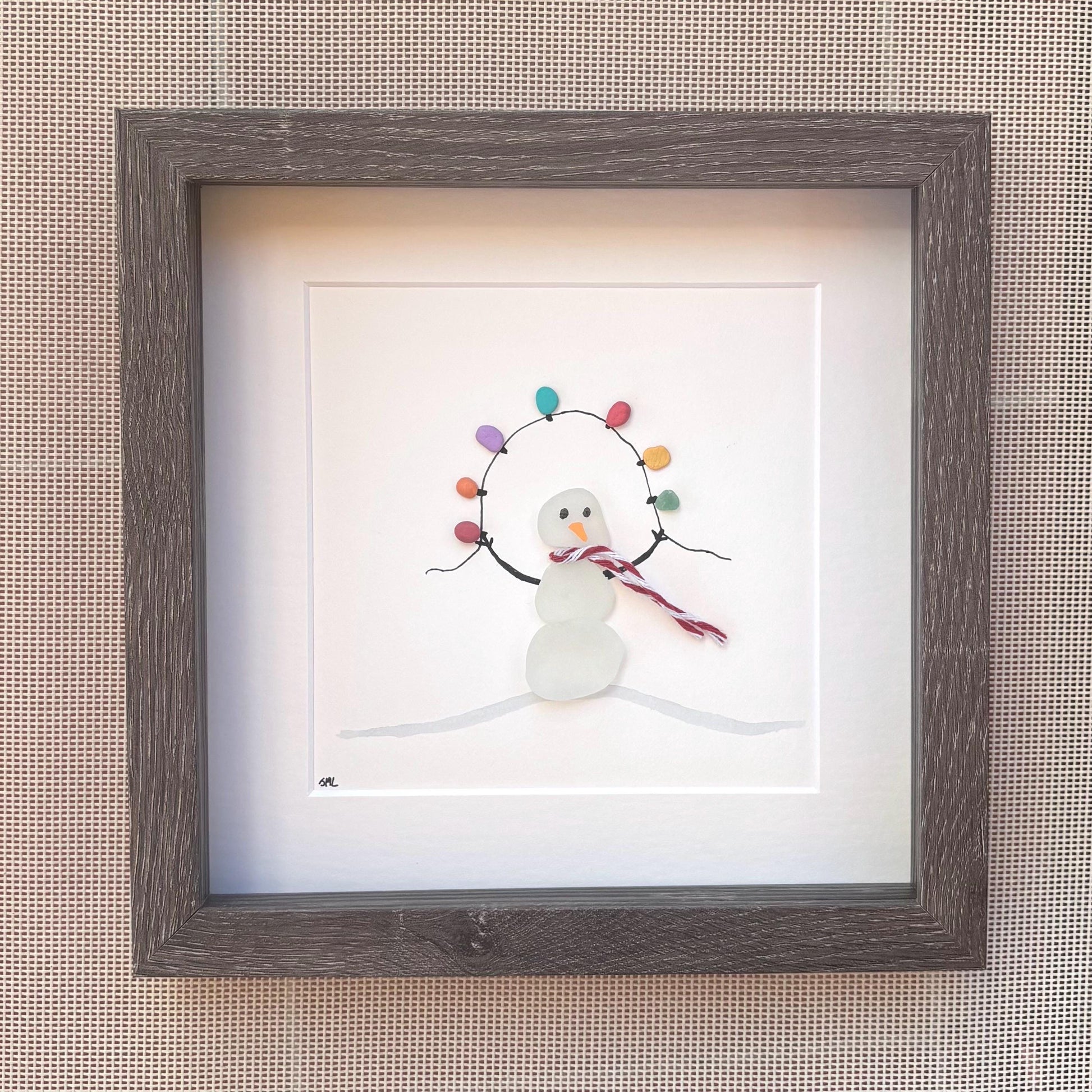 Sea Glass Snowman Framed Wall Art - Scottish Beach Pebbles, Holiday Lights