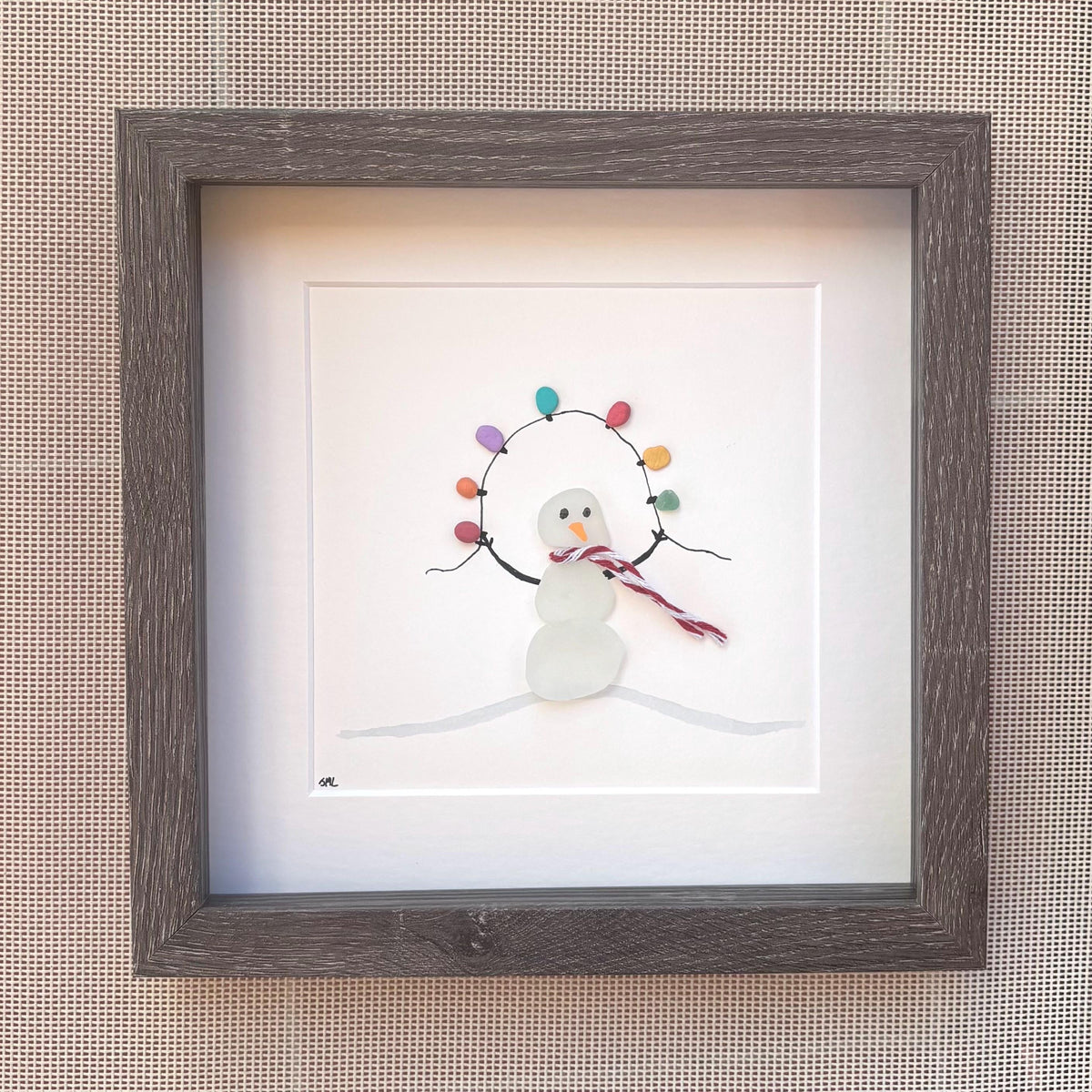 Sea Glass Snowman 9x9” Framed Wall Art Made From Natural Materials incl. Scottish sea glass and beach pebbles