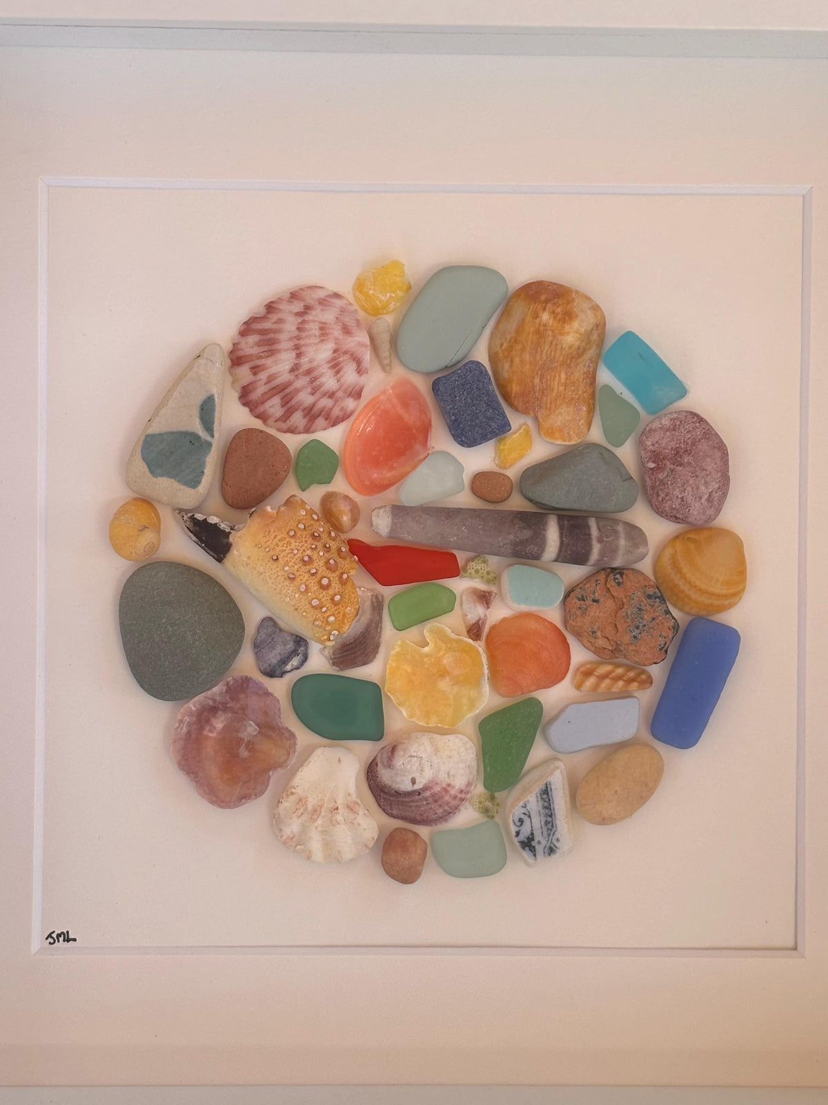 Beach Mosaic Circle Made of Sea Glass, Shells, Sea Pottery and Pebbles, 9x9 Framed Handmade Original Coastal Decor