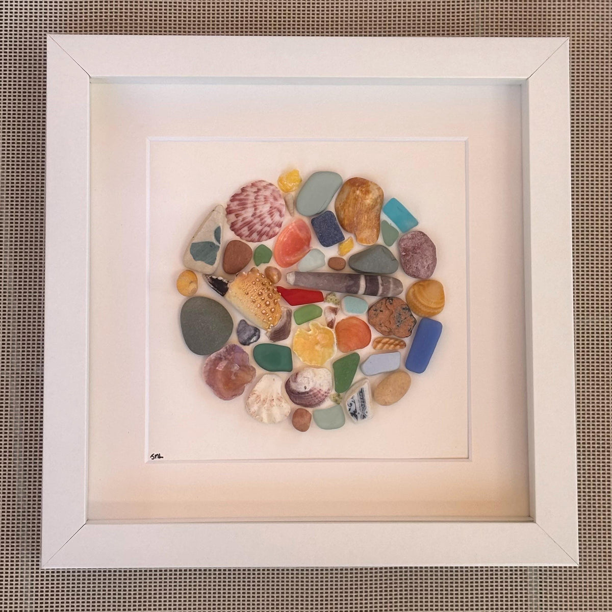Beach Mosaic Circle Made of Sea Glass, Shells, Sea Pottery and Pebbles, 9x9 Framed Handmade Original Coastal Decor