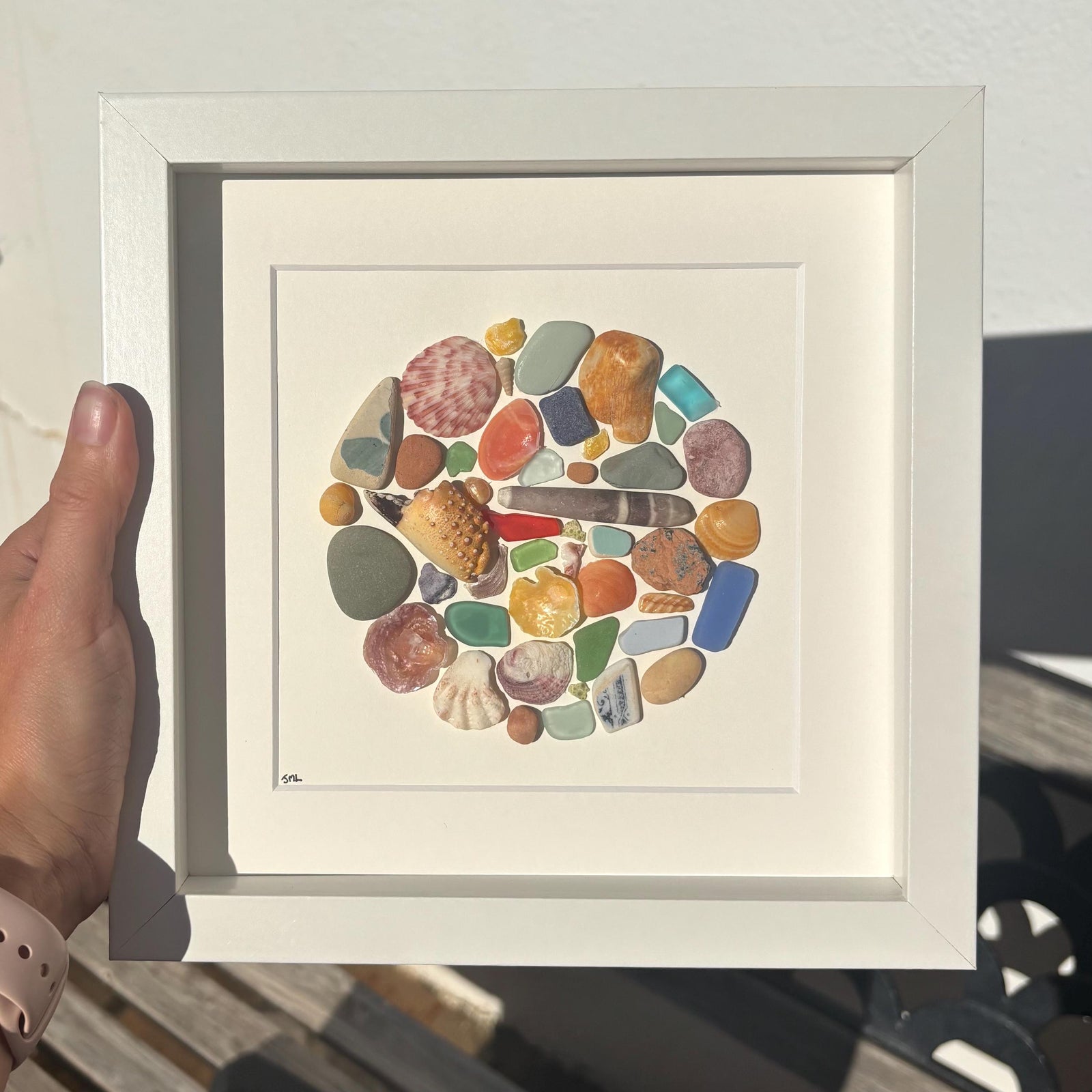 Beach Mosaic Circle Made of Sea Glass, Shells, Sea Pottery and Pebbles, 9x9 Framed Handmade Original Coastal Decor