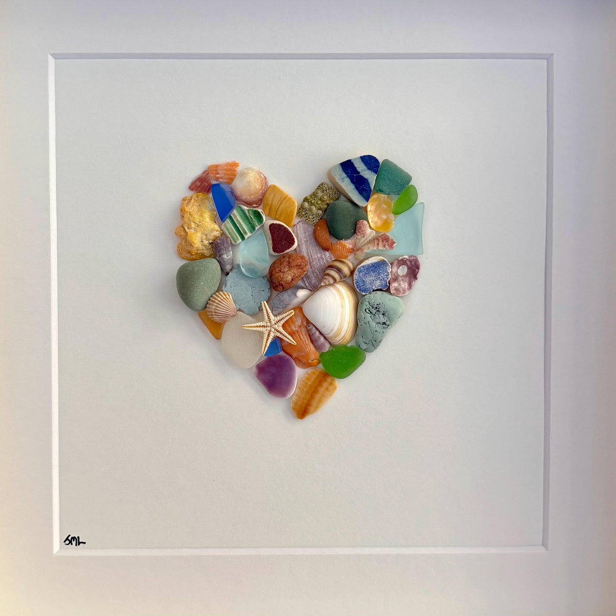 Colorful Heart Beach Collage Made of Scottish Sea Glass, Shells, Sea Pottery and Pebbles, 9x9 Framed Handmade Original Wall Decor