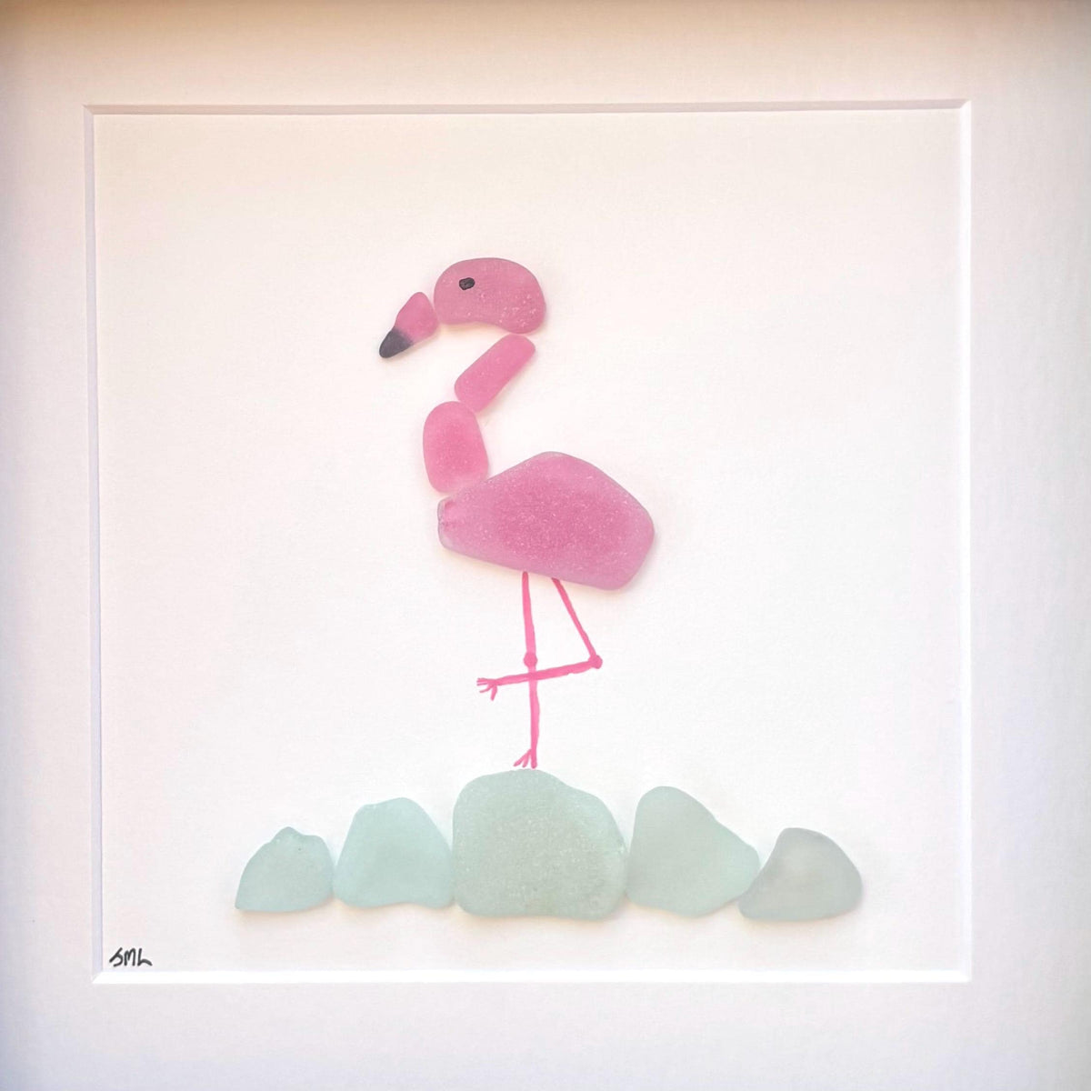Handmade Flamingo Sea Glass Art | 9x9 Colorful Coastal Wall Decor