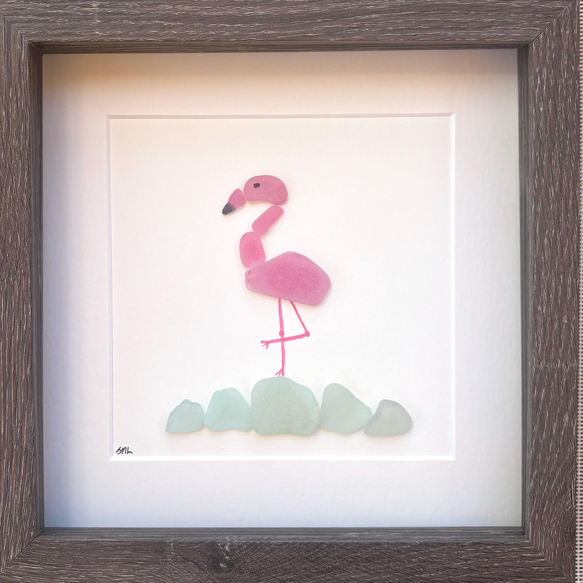 Handmade Flamingo Sea Glass Art | 9x9 Colorful Coastal Wall Decor
