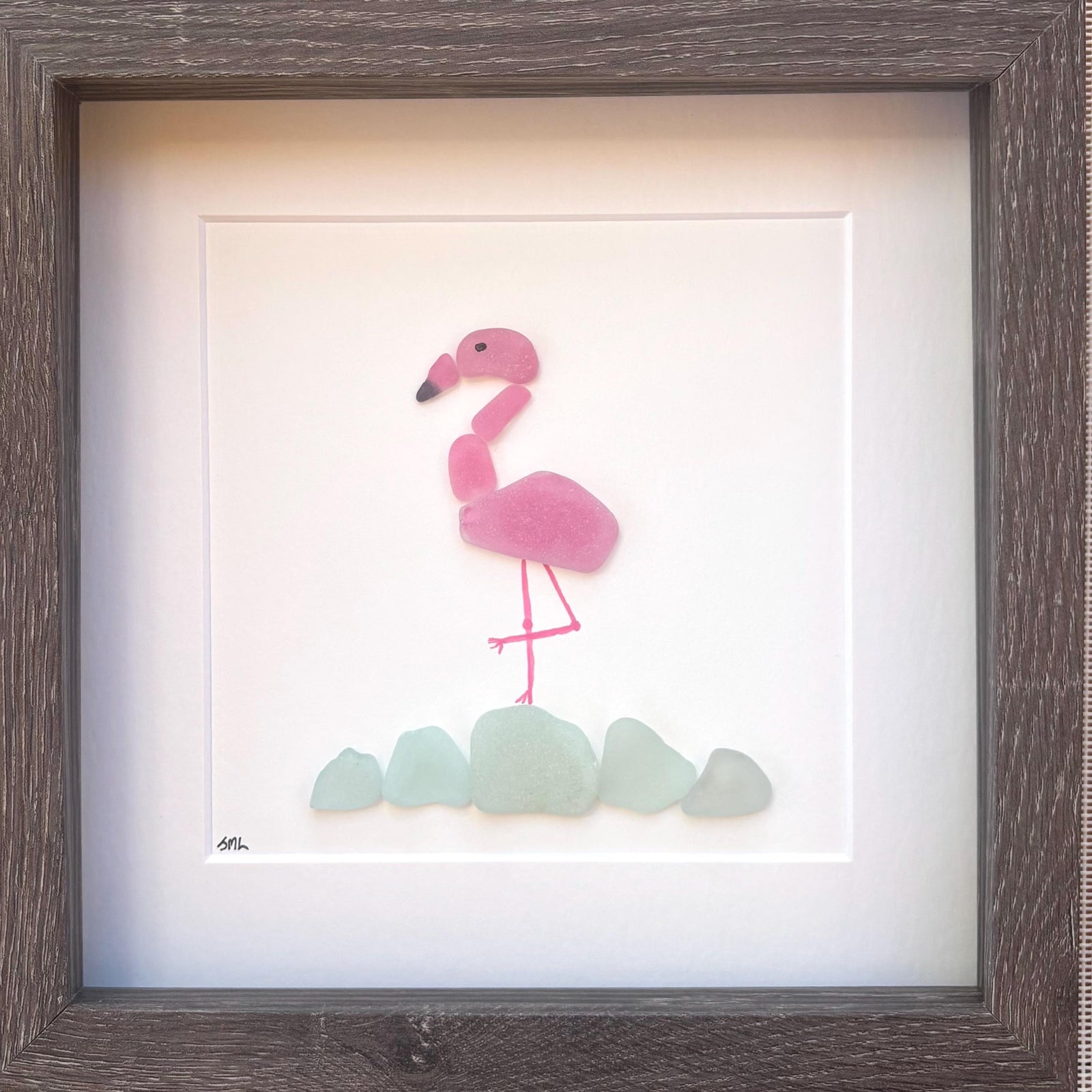 Handmade Flamingo Sea Glass Art | 9x9 Colorful Coastal Wall Decor