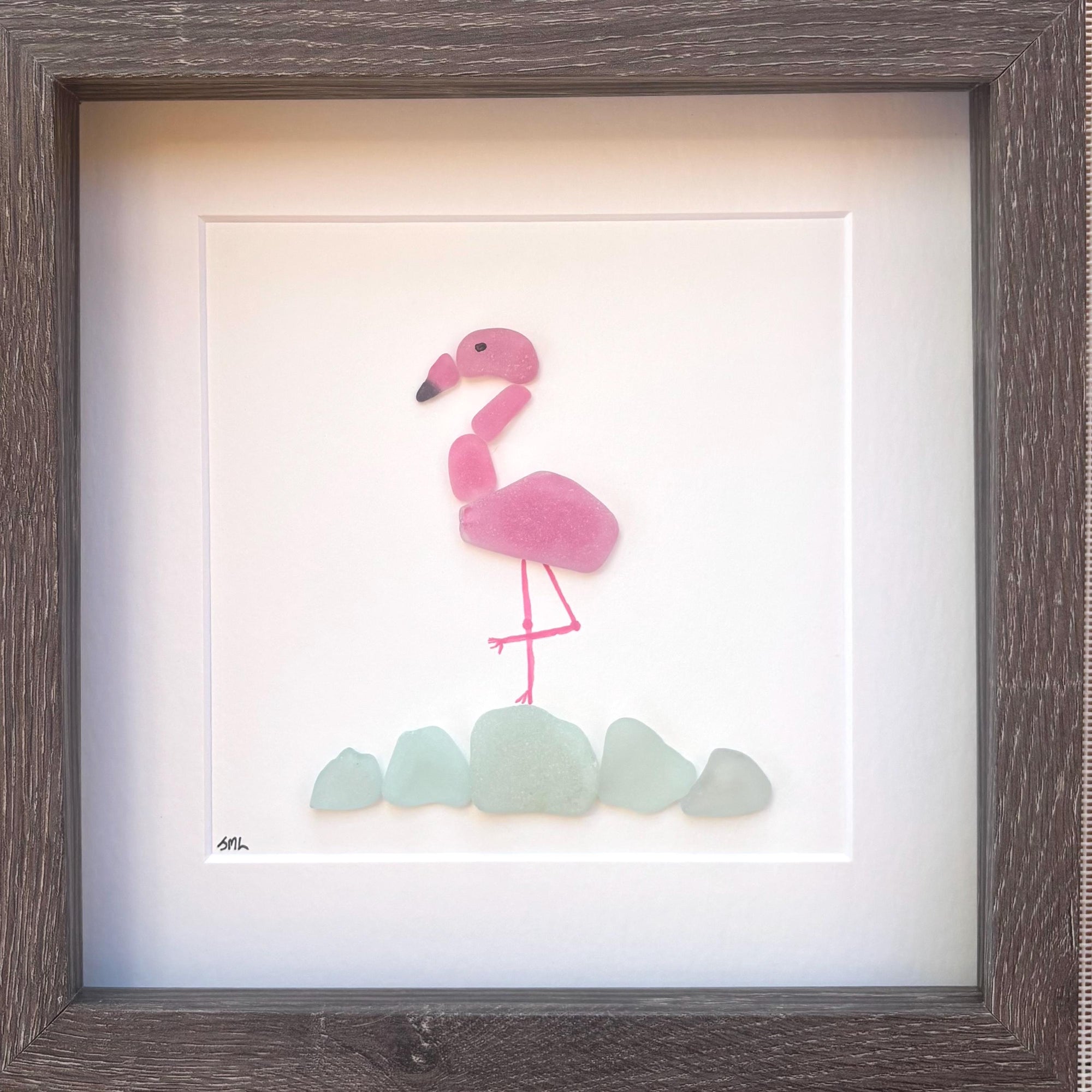 Handmade Flamingo Sea Glass Art | 9x9 Colorful Coastal Wall Decor