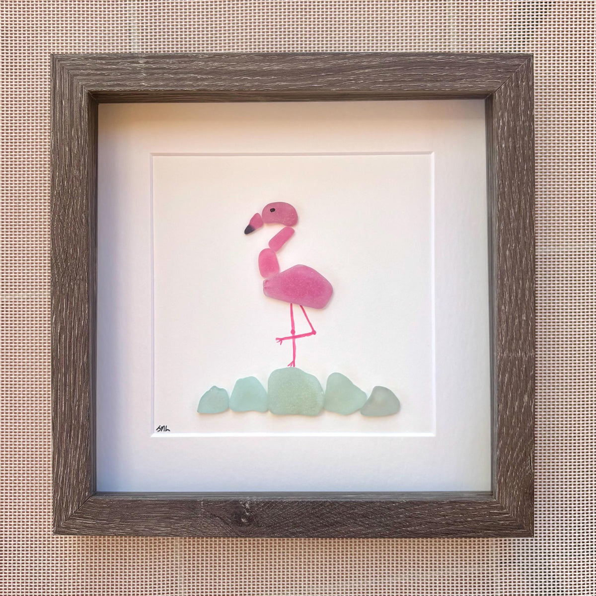 Handmade Flamingo Sea Glass Art | 9x9 Colorful Coastal Wall Decor