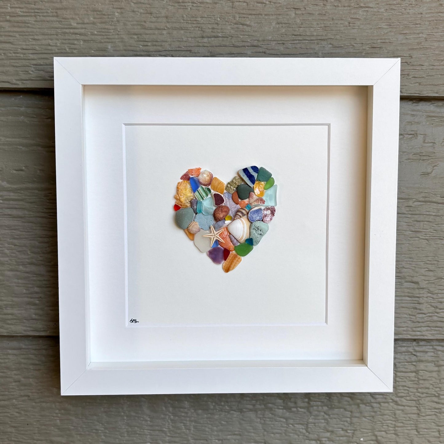Colorful Heart Beach Collage Made of Scottish Sea Glass, Shells, Sea Pottery and Pebbles, 9x9 Framed Handmade Original Wall Decor