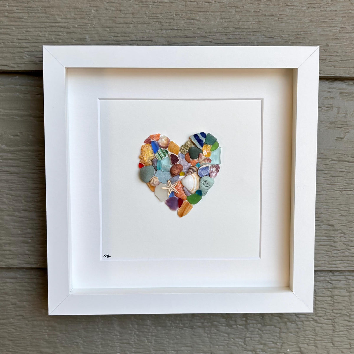 Colorful Heart Beach Collage Made of Scottish Sea Glass, Shells, Sea Pottery and Pebbles, 9x9 Framed Handmade Original Wall Decor