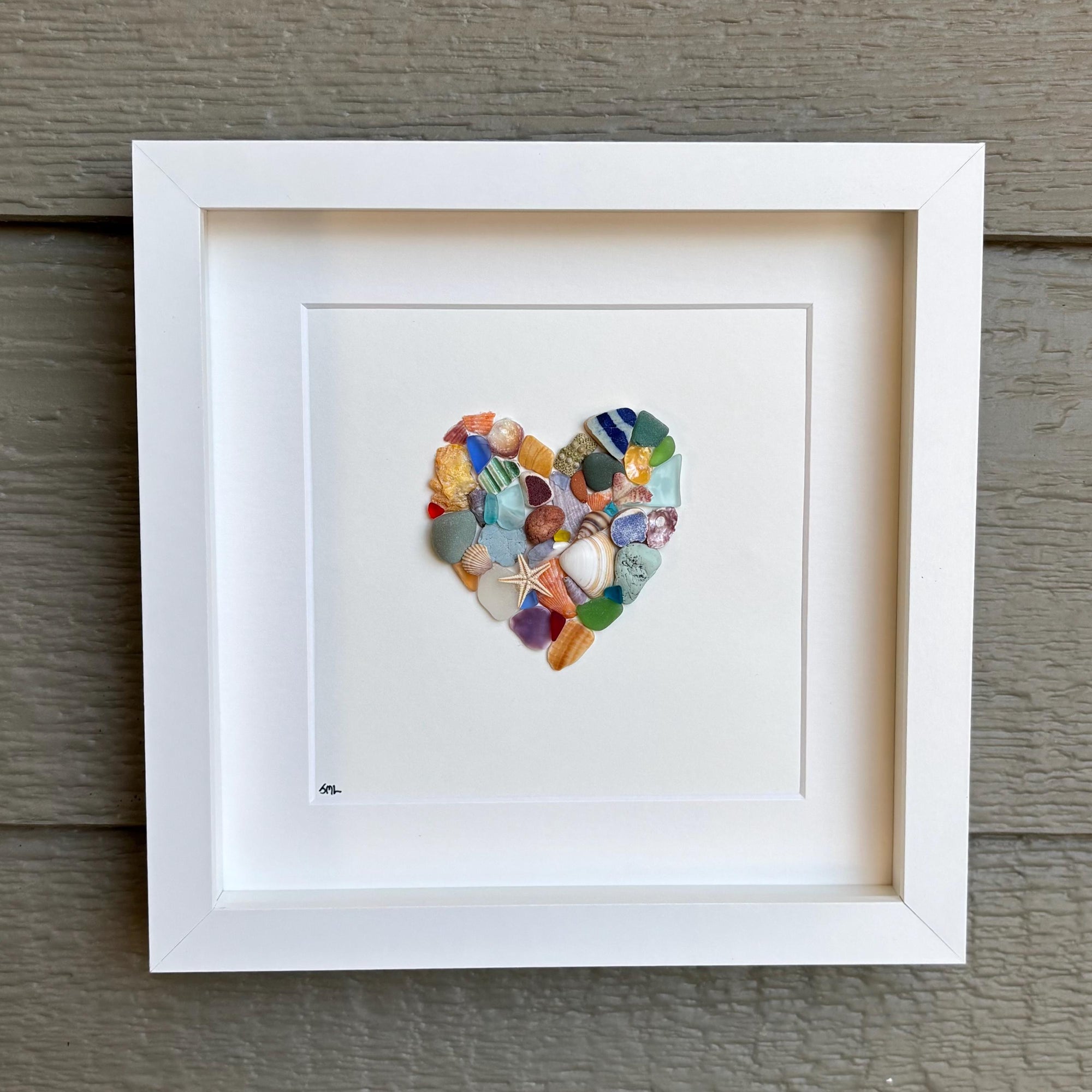 Colorful Heart Beach Collage Made of Scottish Sea Glass, Shells, Sea Pottery and Pebbles, 9x9 Framed Handmade Original Wall Decor